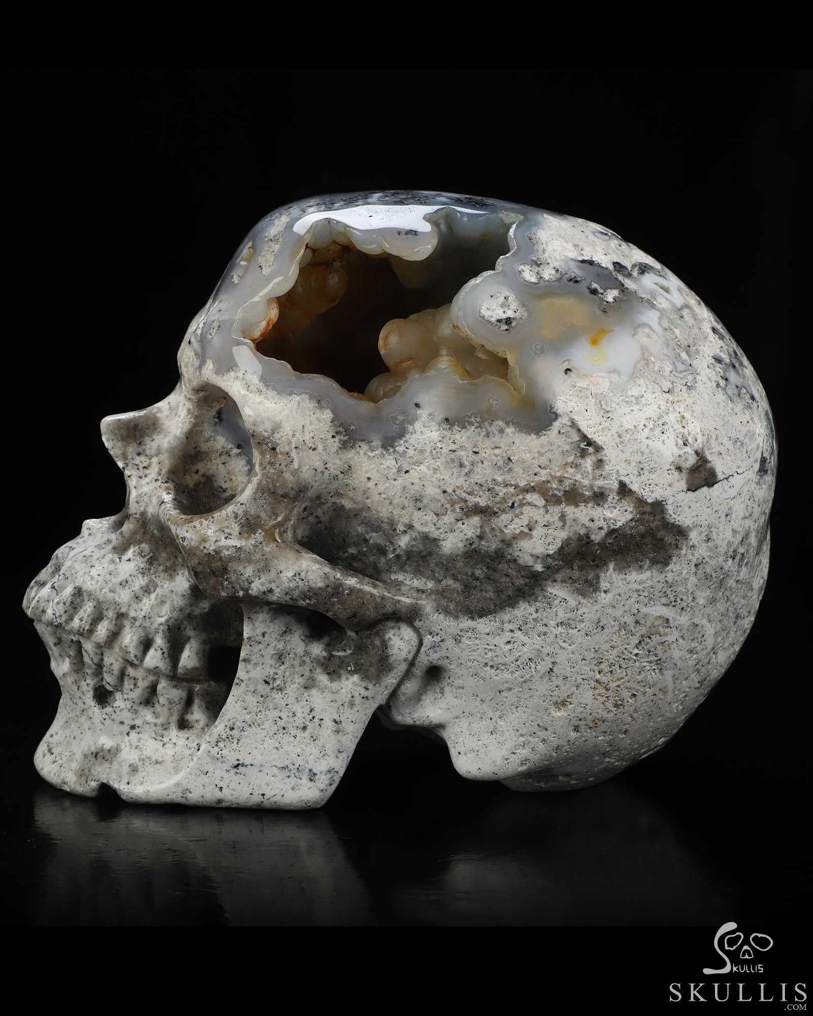 Lifesized 6.7" Flower Agate Geode Hand Carved Crystal Skull, Super Realistic, Crystal Healing Lifesized 6.7" Flower Agate Geode Hand Carved Crystal Skull, Super Realistic, Crystal Healing