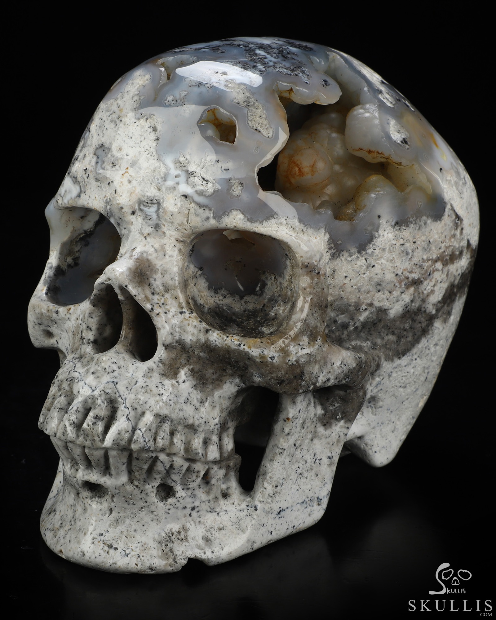 Lifesized 6.7" Flower Agate Geode Hand Carved Crystal Skull, Super Realistic, Crystal Healing Lifesized 6.7" Flower Agate Geode Hand Carved Crystal Skull, Super Realistic, Crystal Healing