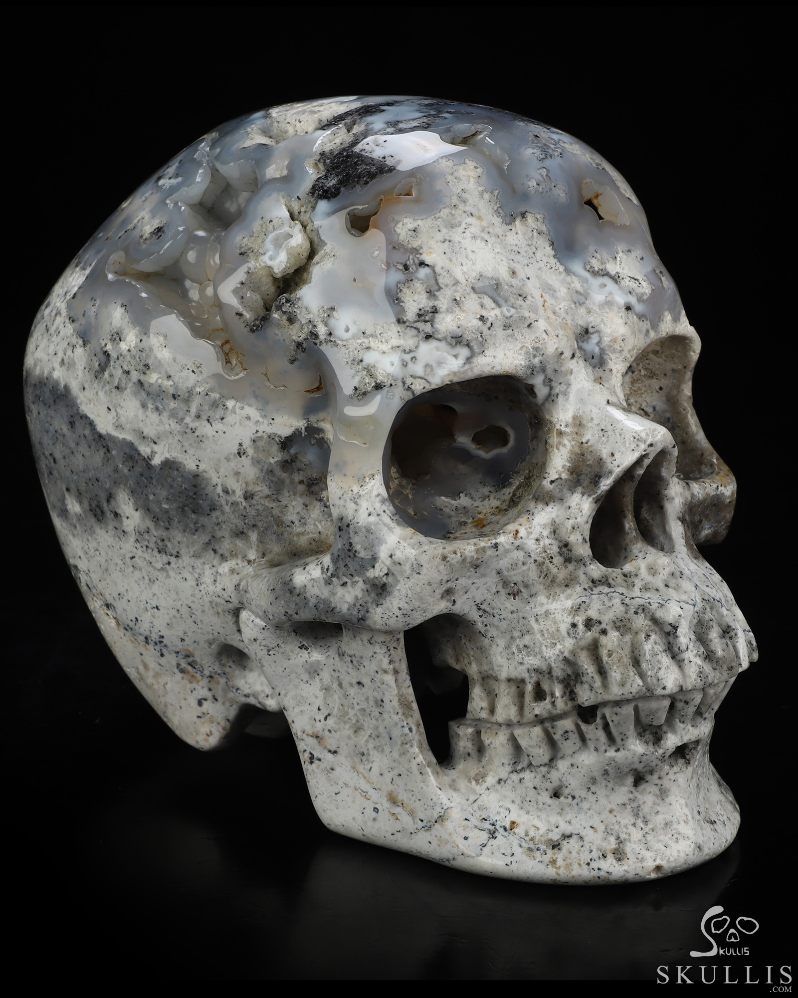 Lifesized 6.7" Flower Agate Geode Hand Carved Crystal Skull, Super Realistic, Crystal Healing Lifesized 6.7" Flower Agate Geode Hand Carved Crystal Skull, Super Realistic, Crystal Healing