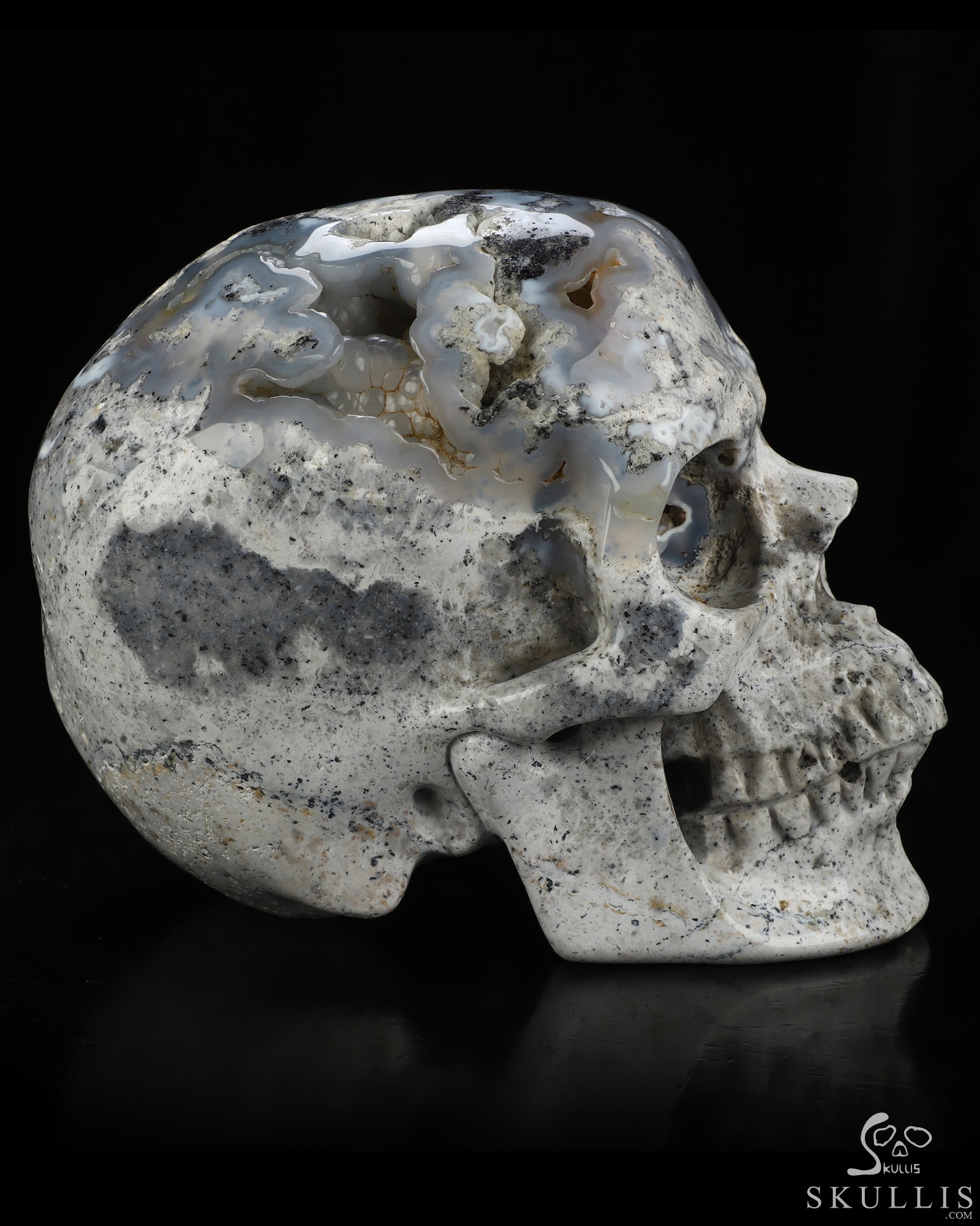 Lifesized 6.7" Flower Agate Geode Hand Carved Crystal Skull, Super Realistic, Crystal Healing Lifesized 6.7" Flower Agate Geode Hand Carved Crystal Skull, Super Realistic, Crystal Healing