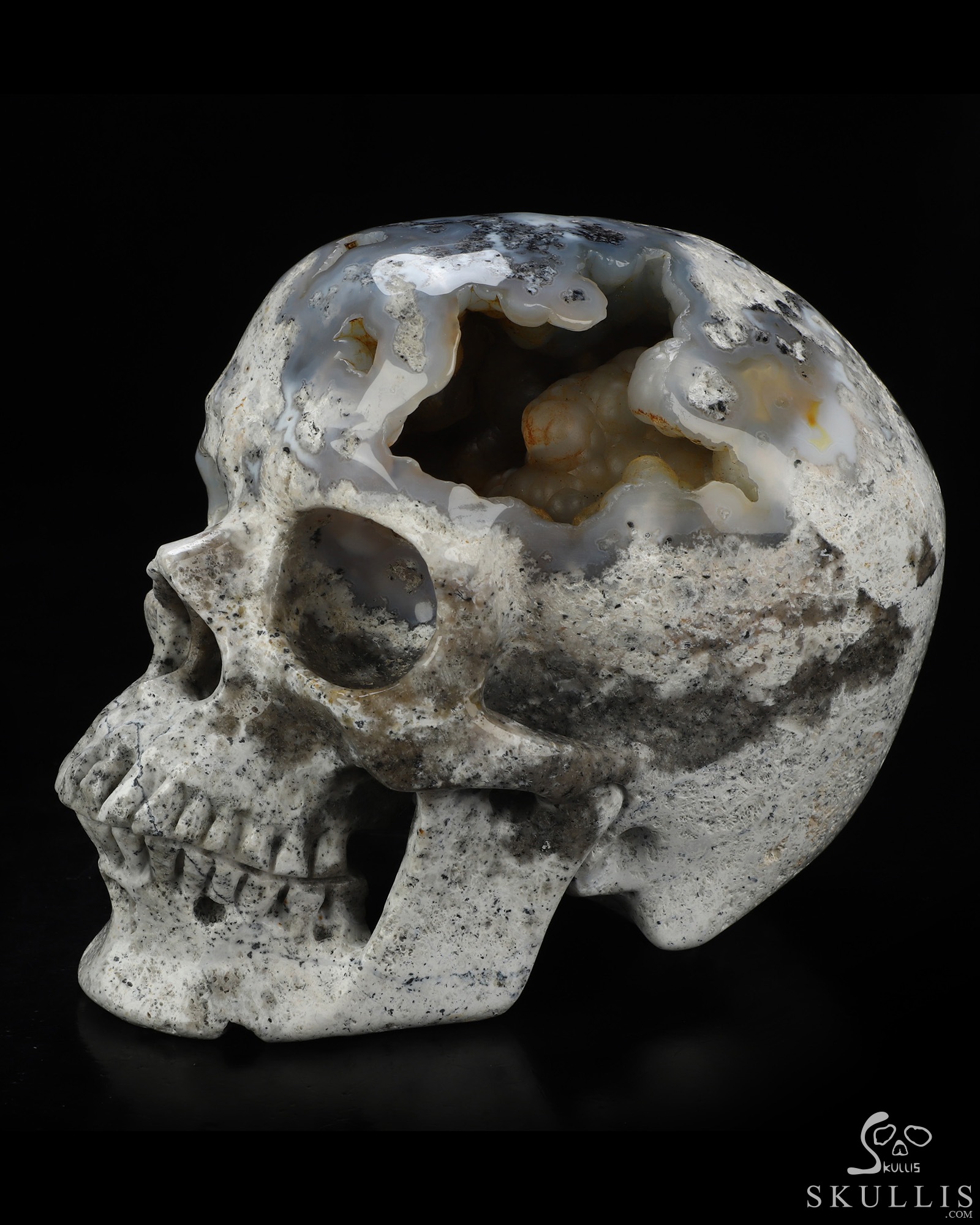 Lifesized 6.7" Flower Agate Geode Hand Carved Crystal Skull, Super Realistic, Crystal Healing Lifesized 6.7" Flower Agate Geode Hand Carved Crystal Skull, Super Realistic, Crystal Healing