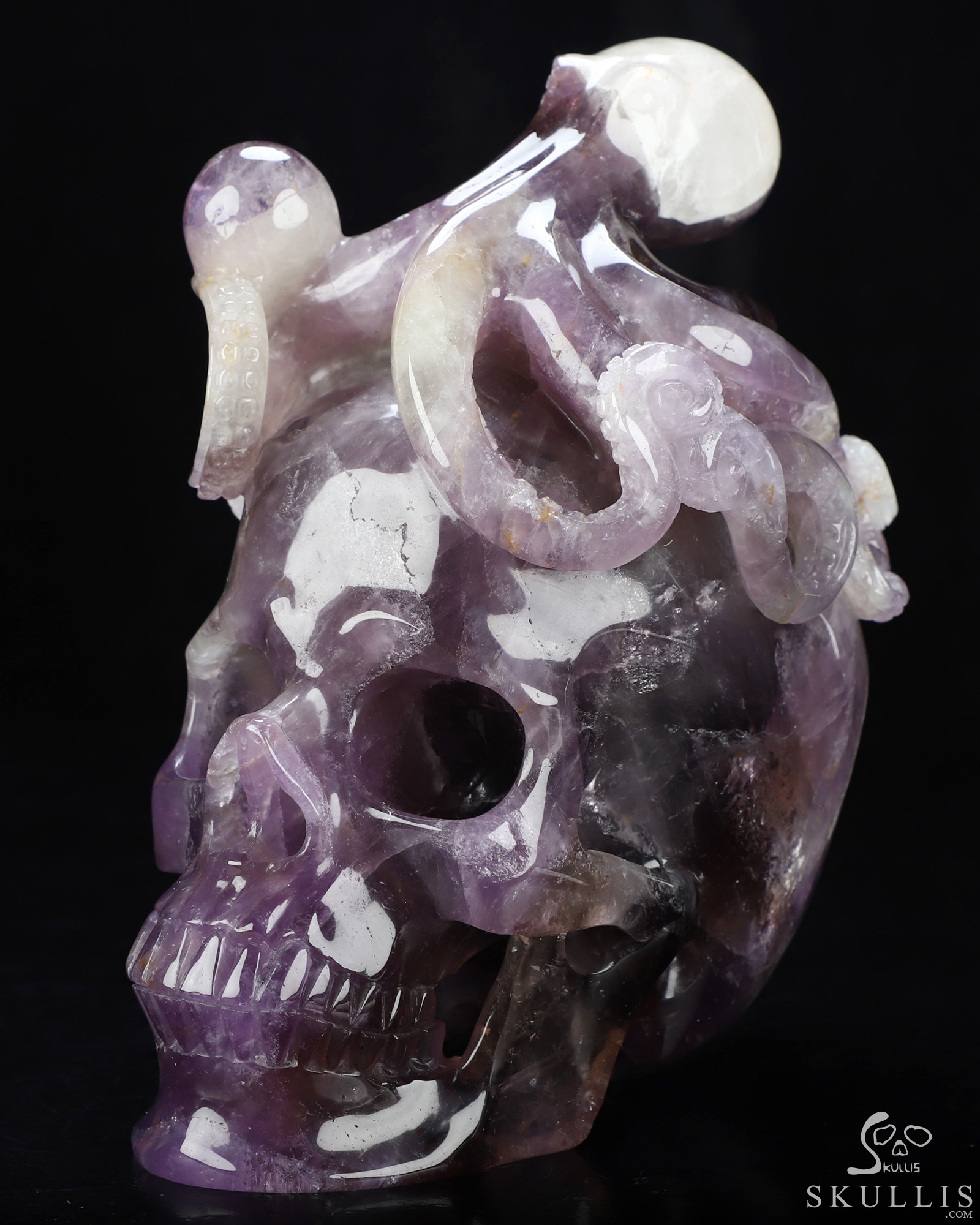 7.2" Amethyst Hand Carved Crystal Skull and Octopus Fine Art Sculpture, Crystal Healing 7.2" Amethyst Hand Carved Crystal Skull and Octopus Fine Art Sculpture, Crystal Healing