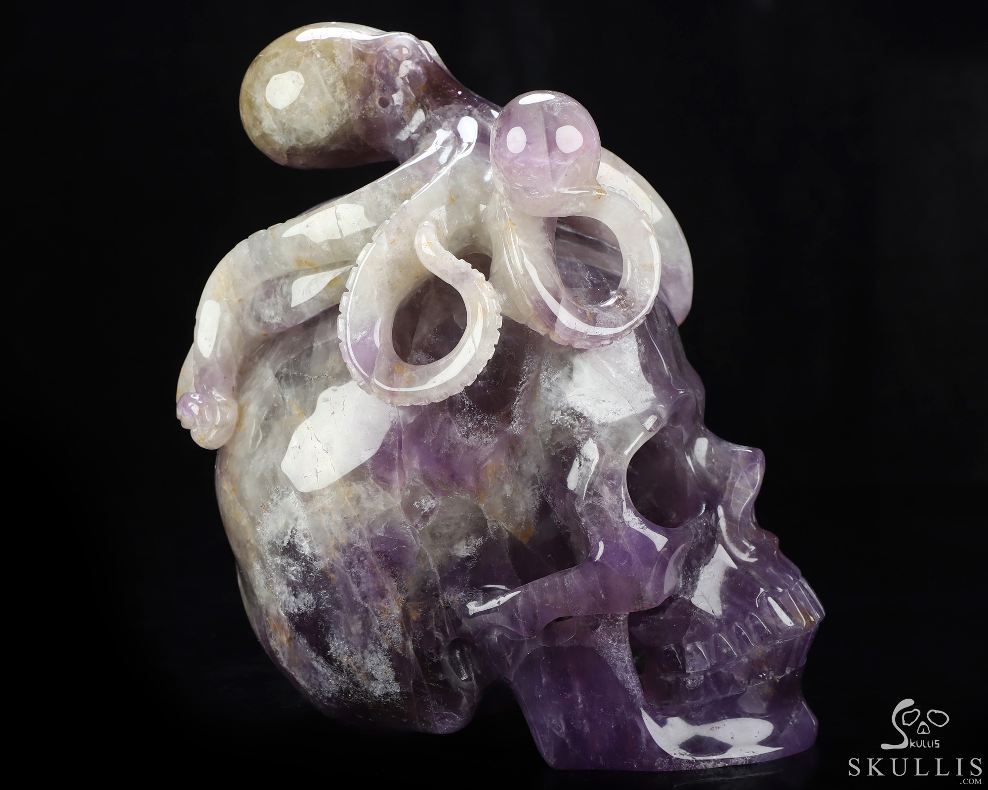 7.2" Amethyst Hand Carved Crystal Skull and Octopus Fine Art Sculpture, Crystal Healing 7.2" Amethyst Hand Carved Crystal Skull and Octopus Fine Art Sculpture, Crystal Healing