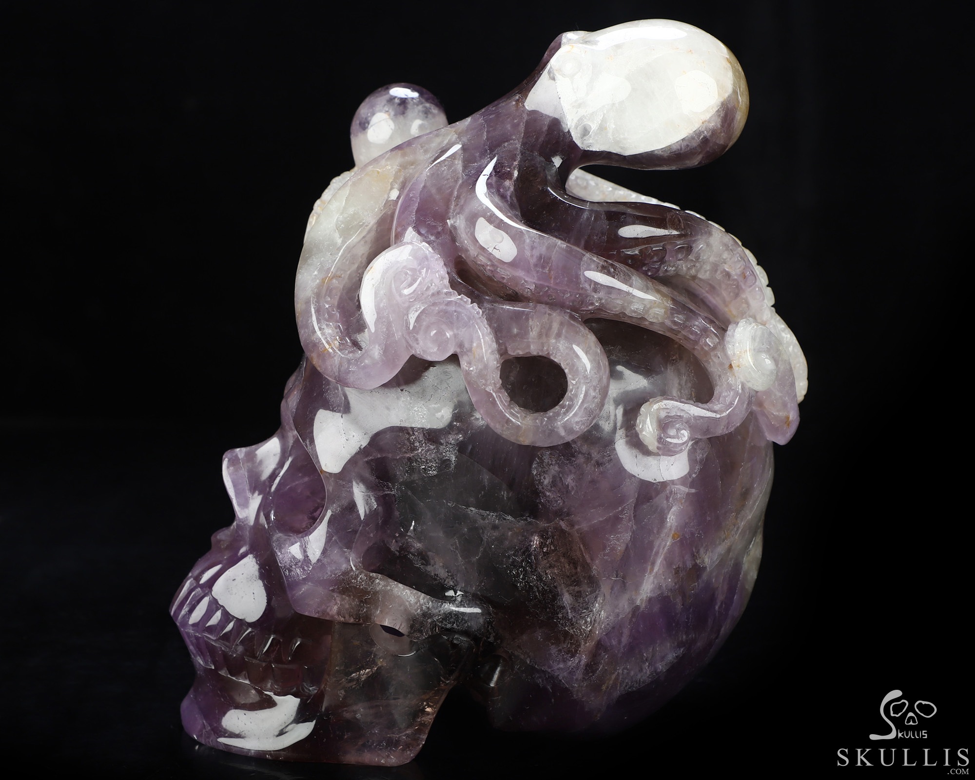 7.2" Amethyst Hand Carved Crystal Skull and Octopus Fine Art Sculpture, Crystal Healing 7.2" Amethyst Hand Carved Crystal Skull and Octopus Fine Art Sculpture, Crystal Healing