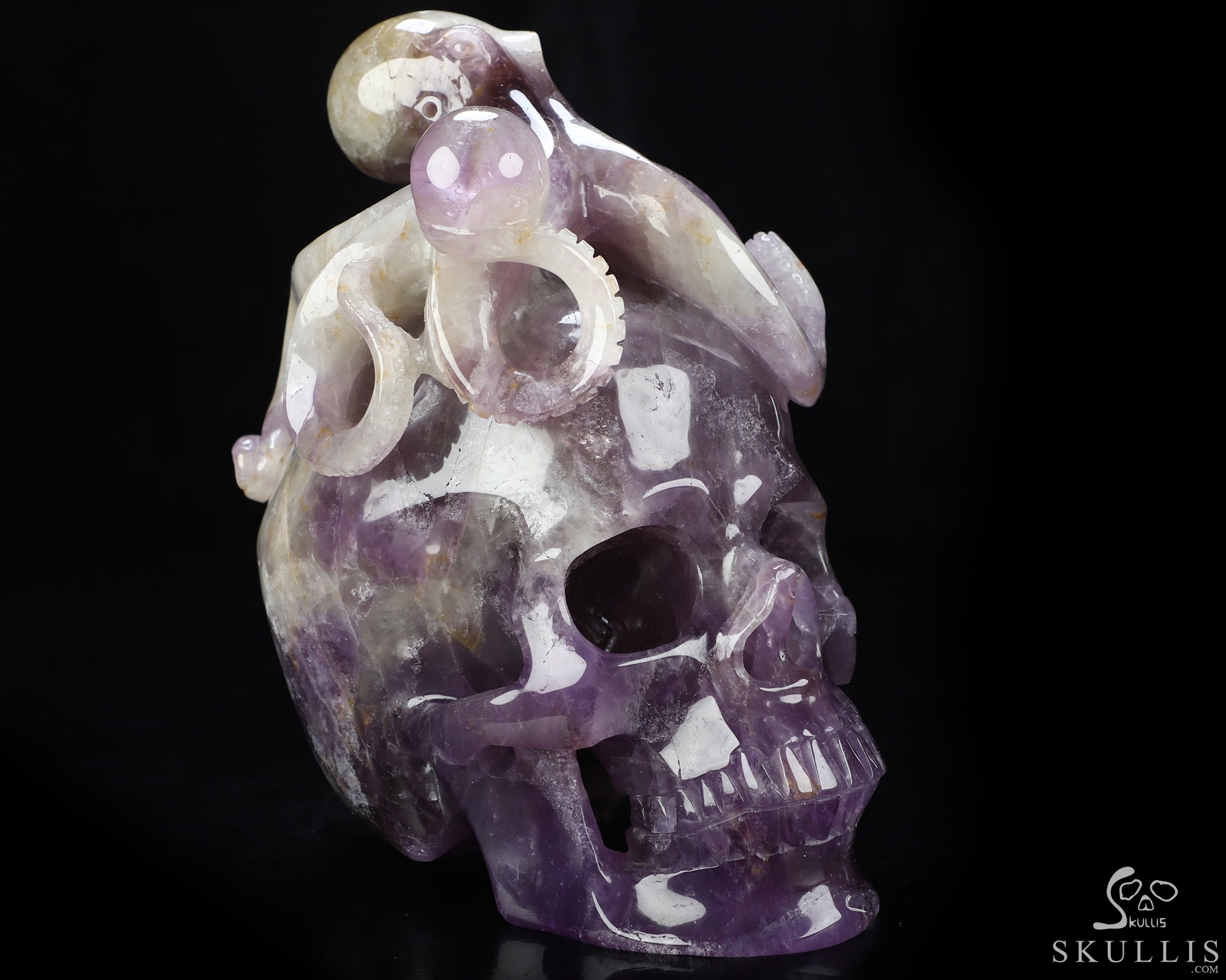 7.2" Amethyst Hand Carved Crystal Skull and Octopus Fine Art Sculpture, Crystal Healing 7.2" Amethyst Hand Carved Crystal Skull and Octopus Fine Art Sculpture, Crystal Healing