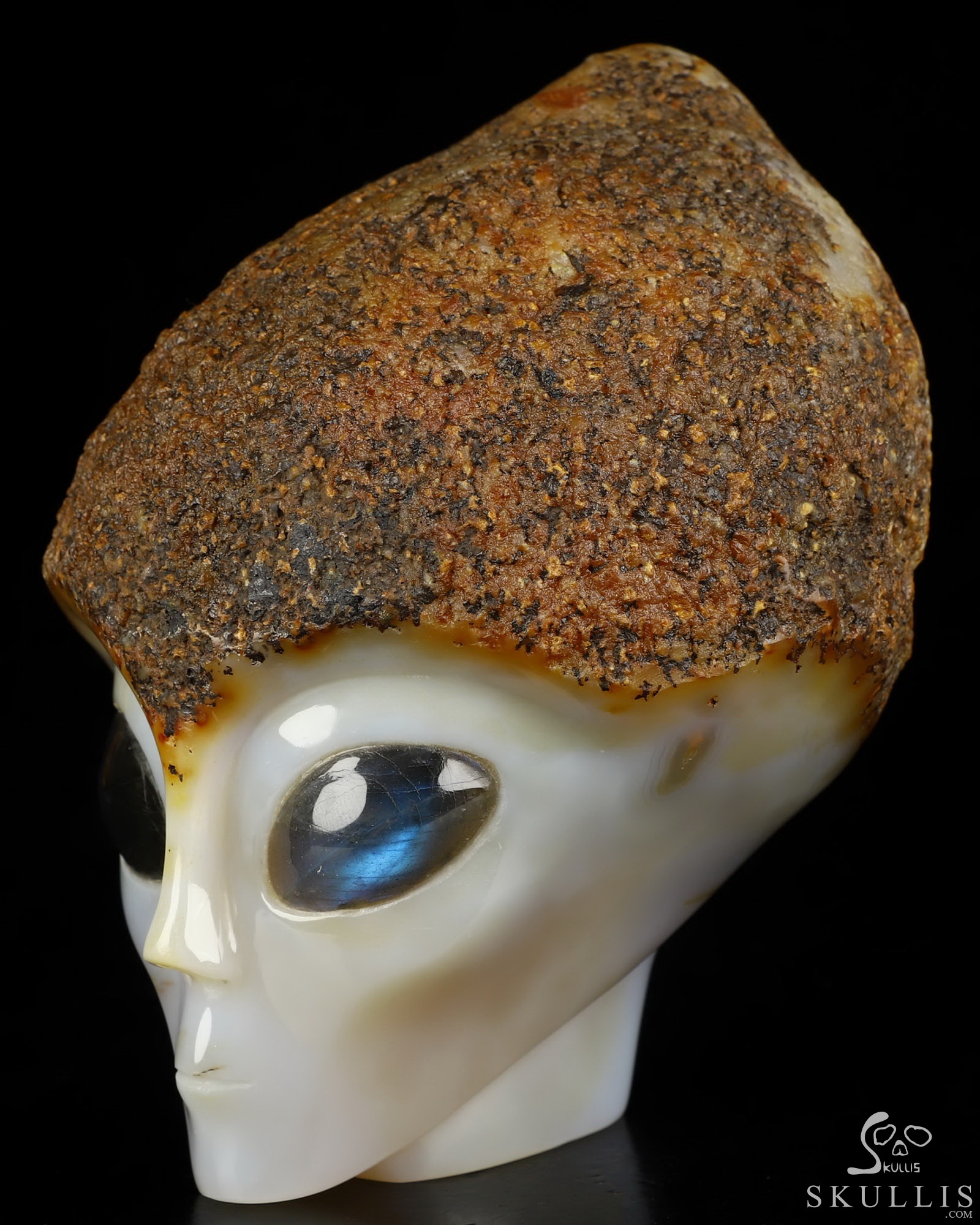 5.7" Agate Star Being Female Alien Crystal Skull Companion With Labradorite Eyes, Hand Carved Gemstone Fine Art Sculpture, Reiki Healing Stone Statue 5.7" Agate Star Being Female Alien Crystal Skull Companion With Labradorite Eyes, Hand Carved Gemstone Fine Art Sculpture, Reiki Healing Stone Statue