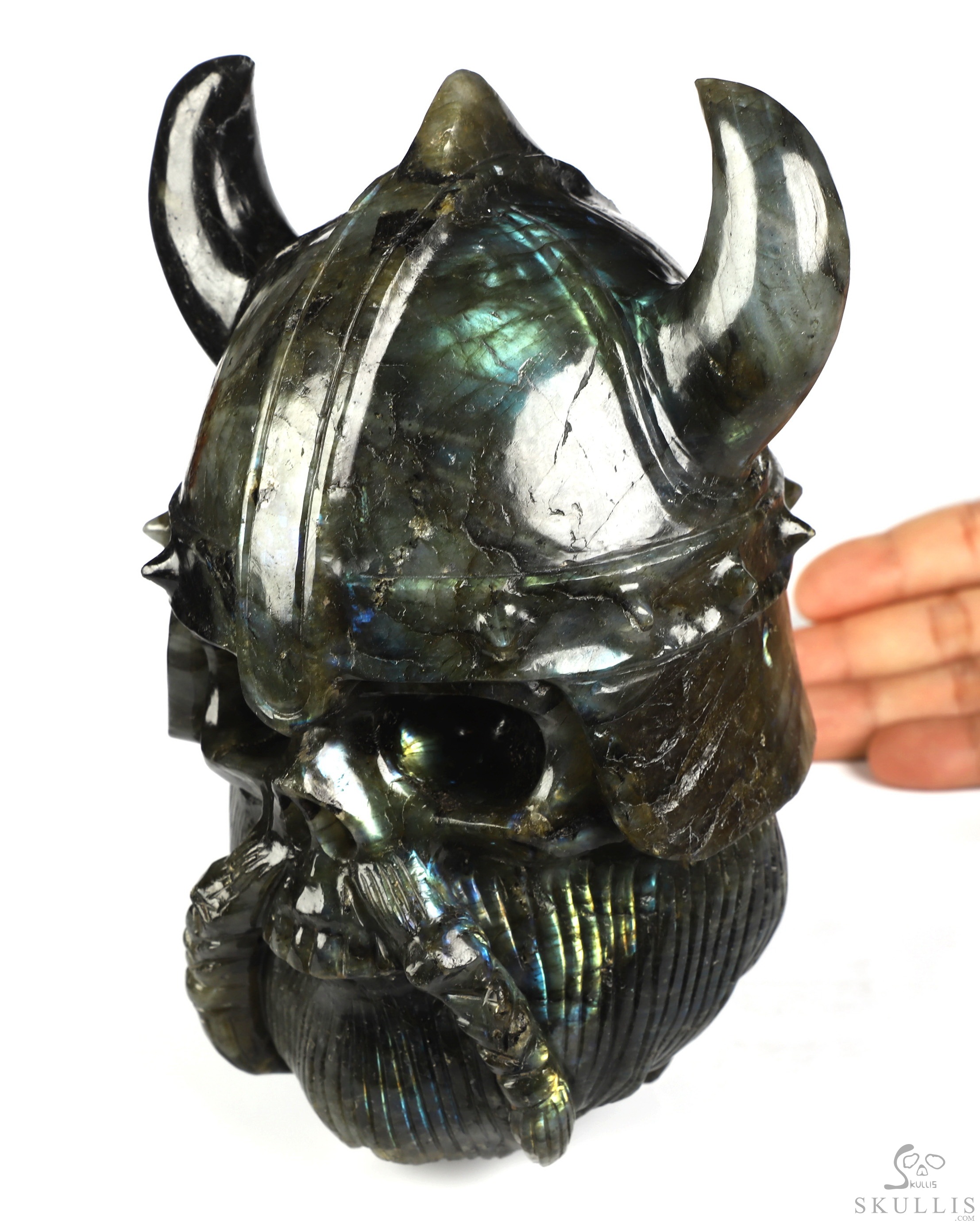Viking Skull - 6.9" Labradorite Hand Carved Crystal Skull Fine Art Sculpture, Crystal Healing Viking Skull - 6.9" Labradorite Hand Carved Crystal Skull Fine Art Sculpture, Crystal Healing