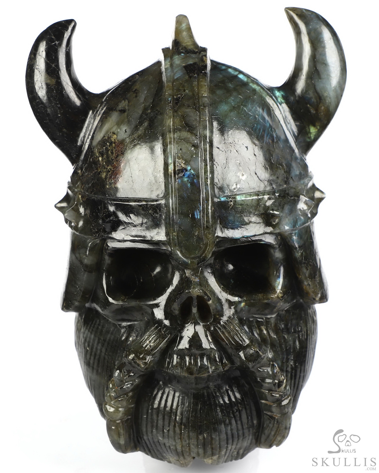 Viking Skull - 6.9" Labradorite Hand Carved Crystal Skull Fine Art Sculpture, Crystal Healing Viking Skull - 6.9" Labradorite Hand Carved Crystal Skull Fine Art Sculpture, Crystal Healing