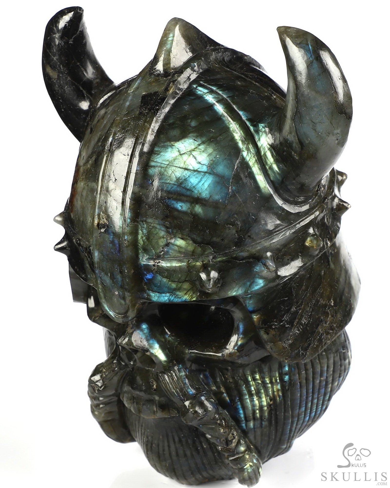 Viking Skull - 6.9" Labradorite Hand Carved Crystal Skull Fine Art Sculpture, Crystal Healing Viking Skull - 6.9" Labradorite Hand Carved Crystal Skull Fine Art Sculpture, Crystal Healing