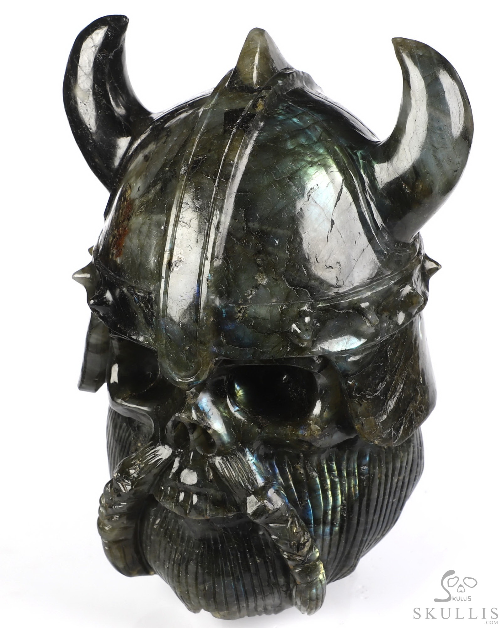 Viking Skull - 6.9" Labradorite Hand Carved Crystal Skull Fine Art Sculpture, Crystal Healing Viking Skull - 6.9" Labradorite Hand Carved Crystal Skull Fine Art Sculpture, Crystal Healing