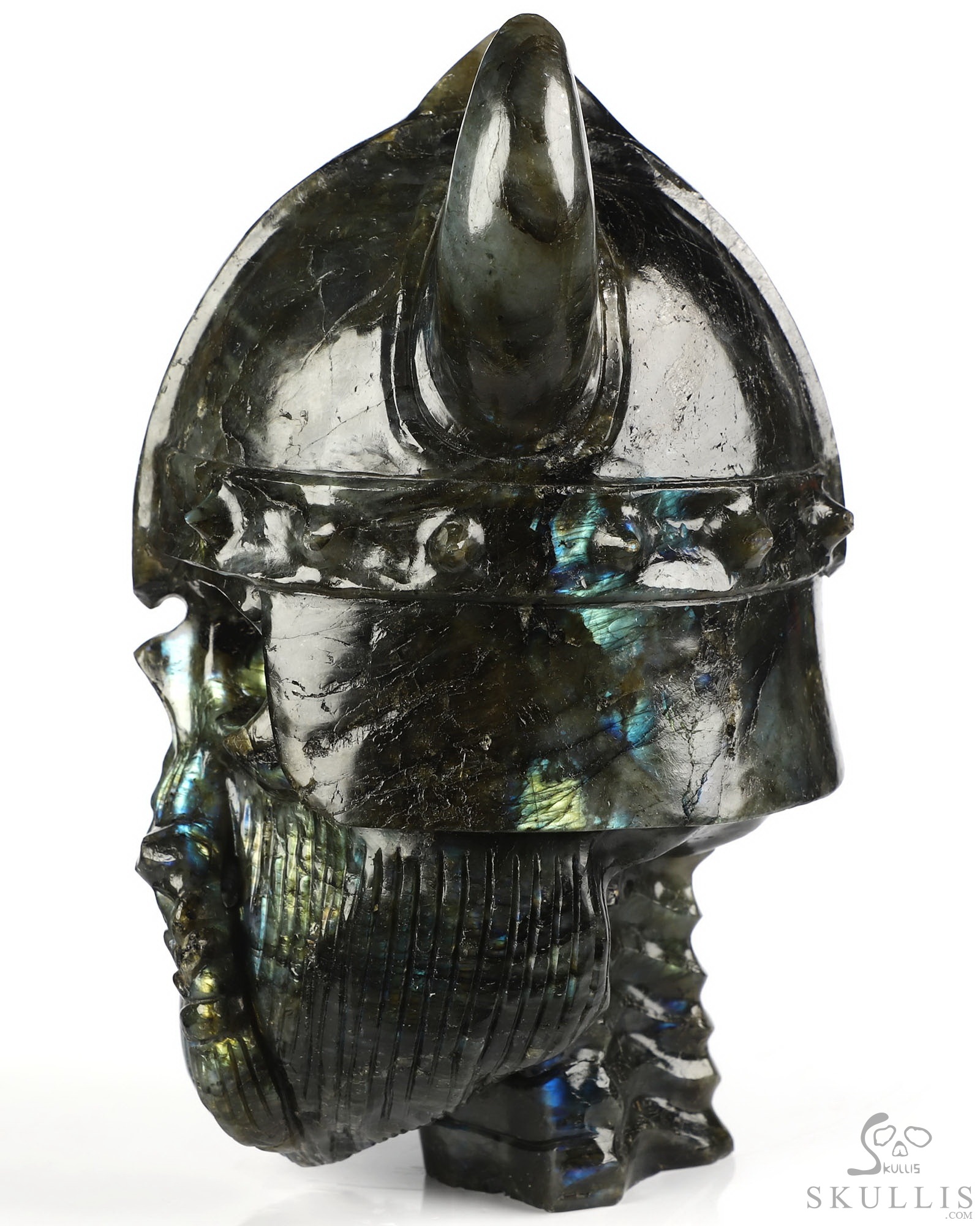 Viking Skull - 6.9" Labradorite Hand Carved Crystal Skull Fine Art Sculpture, Crystal Healing Viking Skull - 6.9" Labradorite Hand Carved Crystal Skull Fine Art Sculpture, Crystal Healing