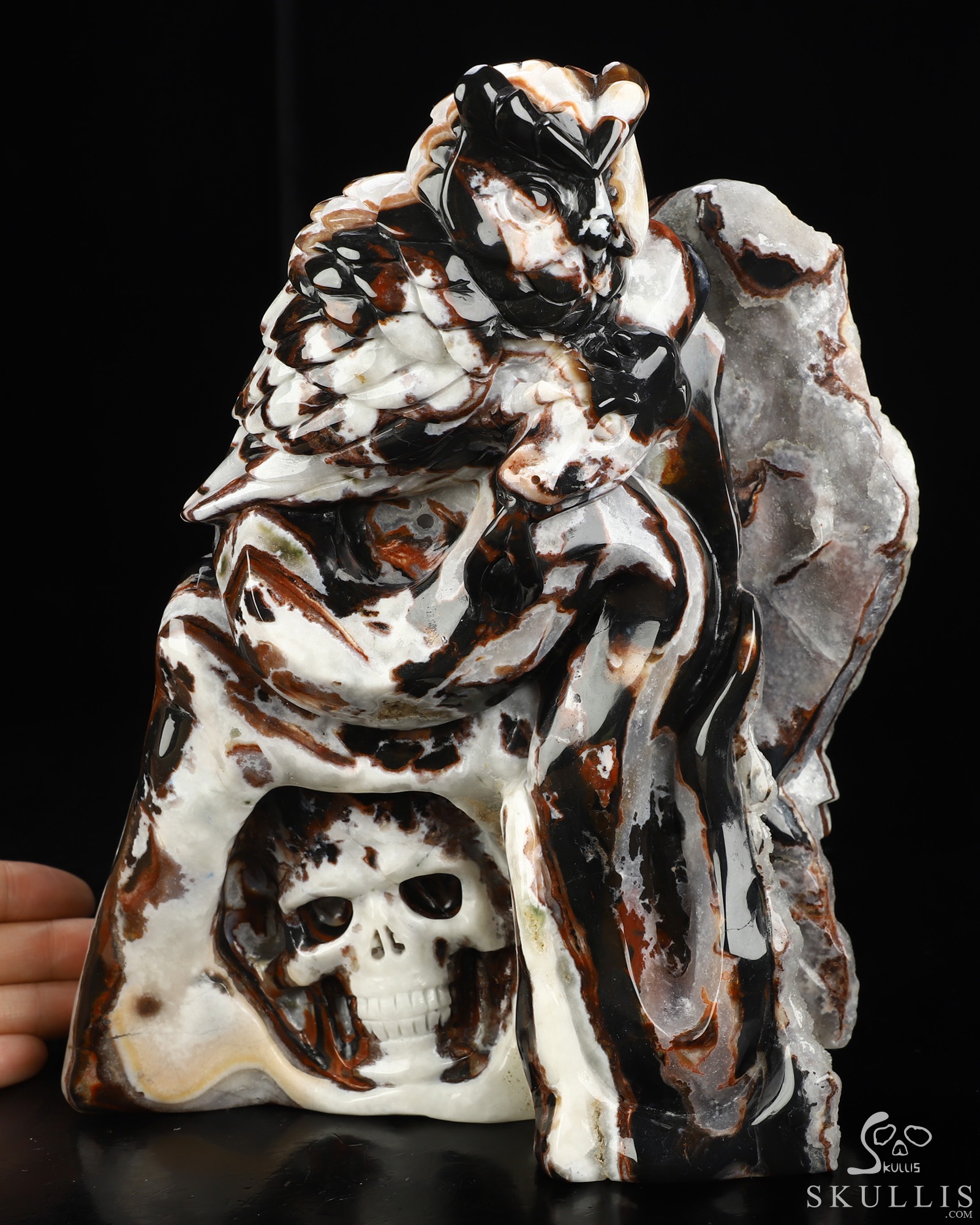8.7" Black Zebra Agate Hand Carved Crystal Skull and Owl Fine Art Sculpture, Crystal Healing 8.7" Black Zebra Agate Hand Carved Crystal Skull and Owl Fine Art Sculpture, Crystal Healing