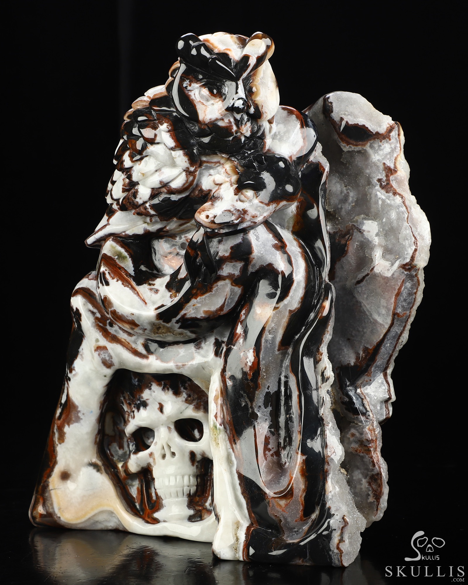 8.7" Black Zebra Agate Hand Carved Crystal Skull and Owl Fine Art Sculpture, Crystal Healing 8.7" Black Zebra Agate Hand Carved Crystal Skull and Owl Fine Art Sculpture, Crystal Healing