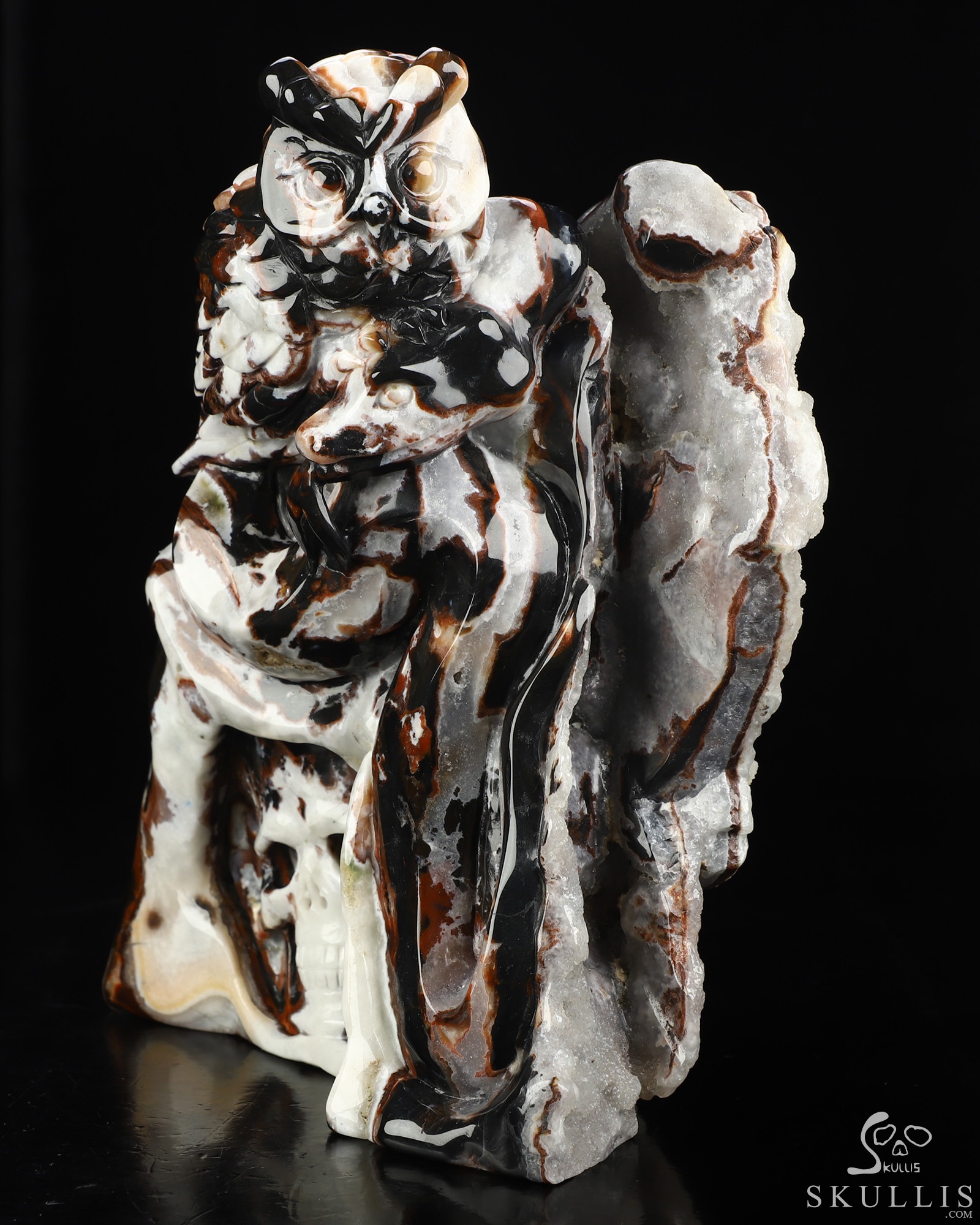 8.7" Black Zebra Agate Hand Carved Crystal Skull and Owl Fine Art Sculpture, Crystal Healing 8.7" Black Zebra Agate Hand Carved Crystal Skull and Owl Fine Art Sculpture, Crystal Healing