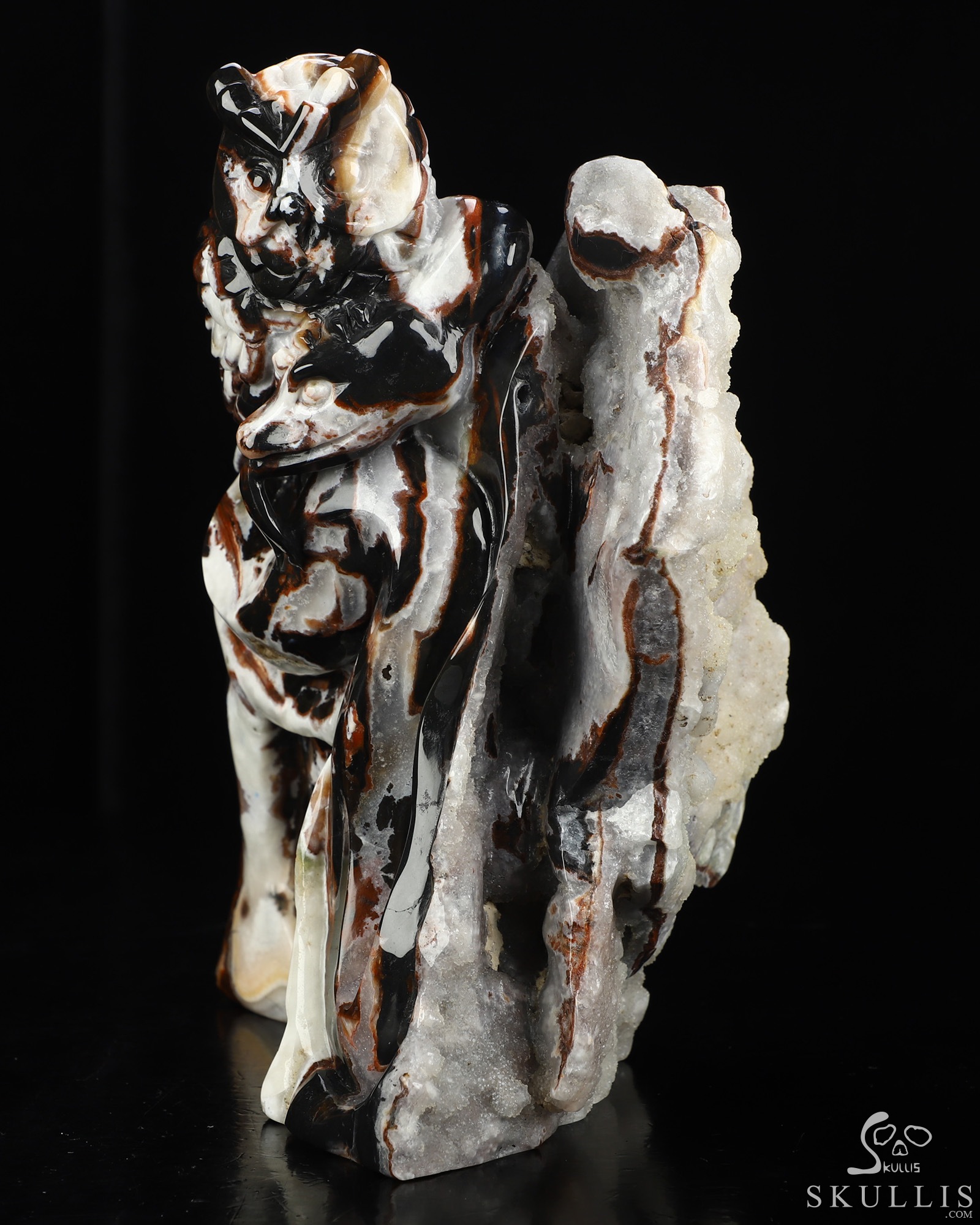8.7" Black Zebra Agate Hand Carved Crystal Skull and Owl Fine Art Sculpture, Crystal Healing 8.7" Black Zebra Agate Hand Carved Crystal Skull and Owl Fine Art Sculpture, Crystal Healing