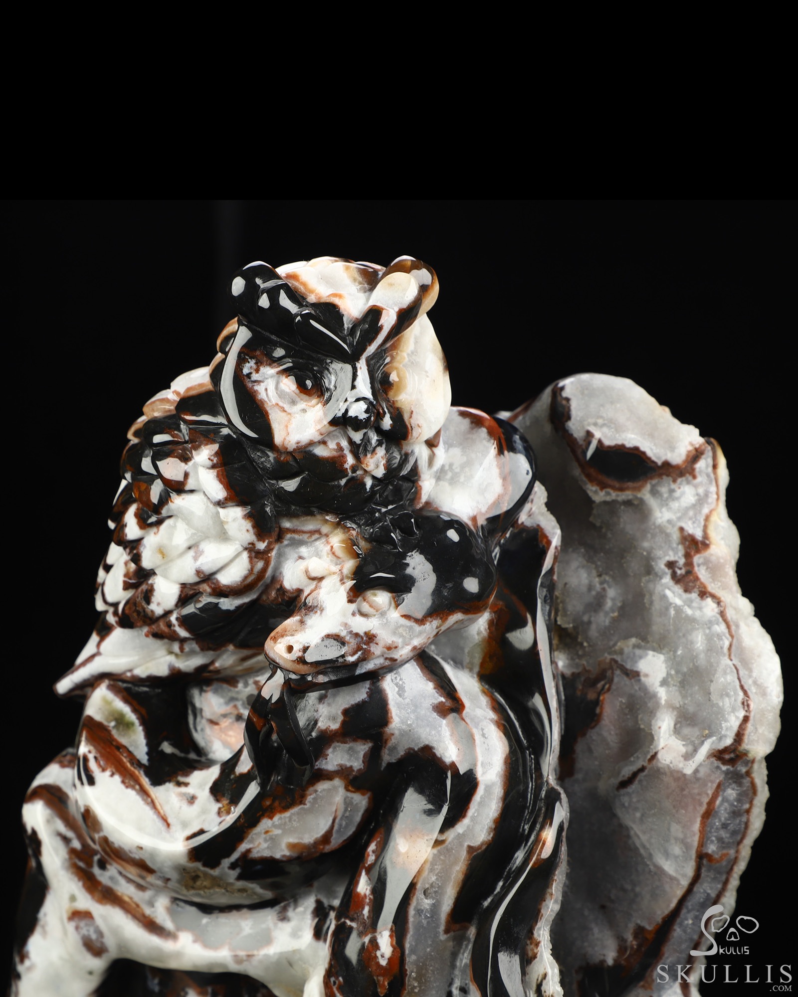 8.7" Black Zebra Agate Hand Carved Crystal Skull and Owl Fine Art Sculpture, Crystal Healing 8.7" Black Zebra Agate Hand Carved Crystal Skull and Owl Fine Art Sculpture, Crystal Healing
