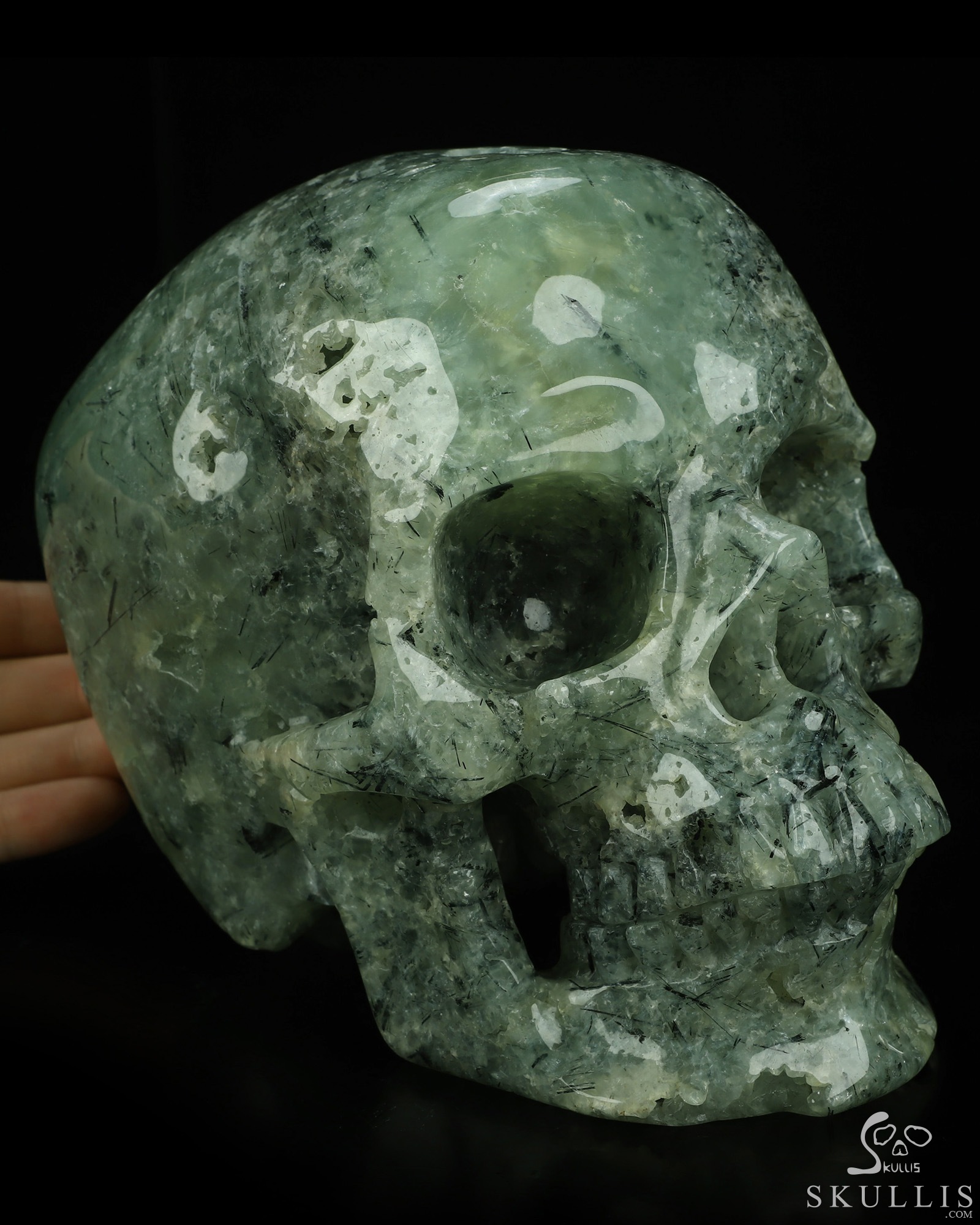 Lifesized 6.9" Prehnite Hand Carved Crystal Skull, Super Realistic, Crystal Healing Lifesized 6.9" Prehnite Hand Carved Crystal Skull, Super Realistic, Crystal Healing
