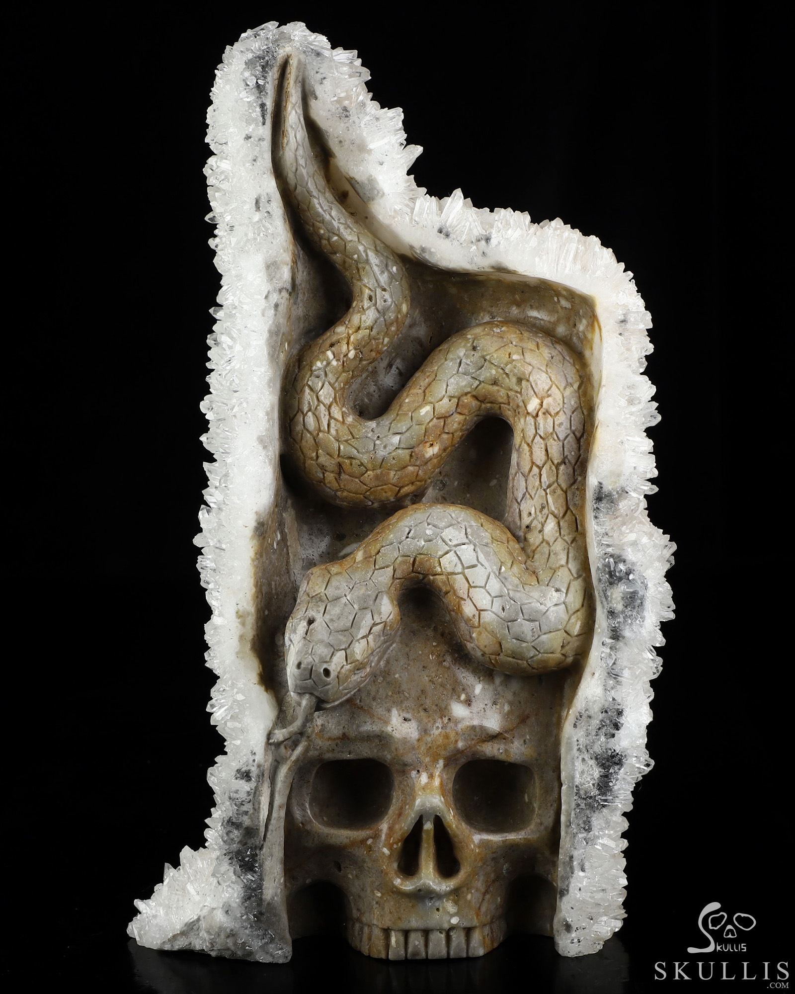 8.9" Quartz rock druse Hand Carved Crystal Skull with Snake Fine Art Sculpture, Crystal Healing 8.9" Quartz rock druse Hand Carved Crystal Skull with Snake Fine Art Sculpture, Crystal Healing