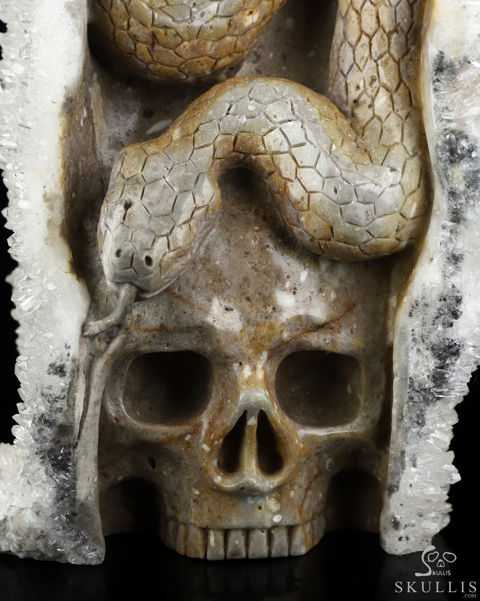 8.9" Quartz rock druse Hand Carved Crystal Skull with Snake Fine Art Sculpture, Crystal Healing 8.9" Quartz rock druse Hand Carved Crystal Skull with Snake Fine Art Sculpture, Crystal Healing