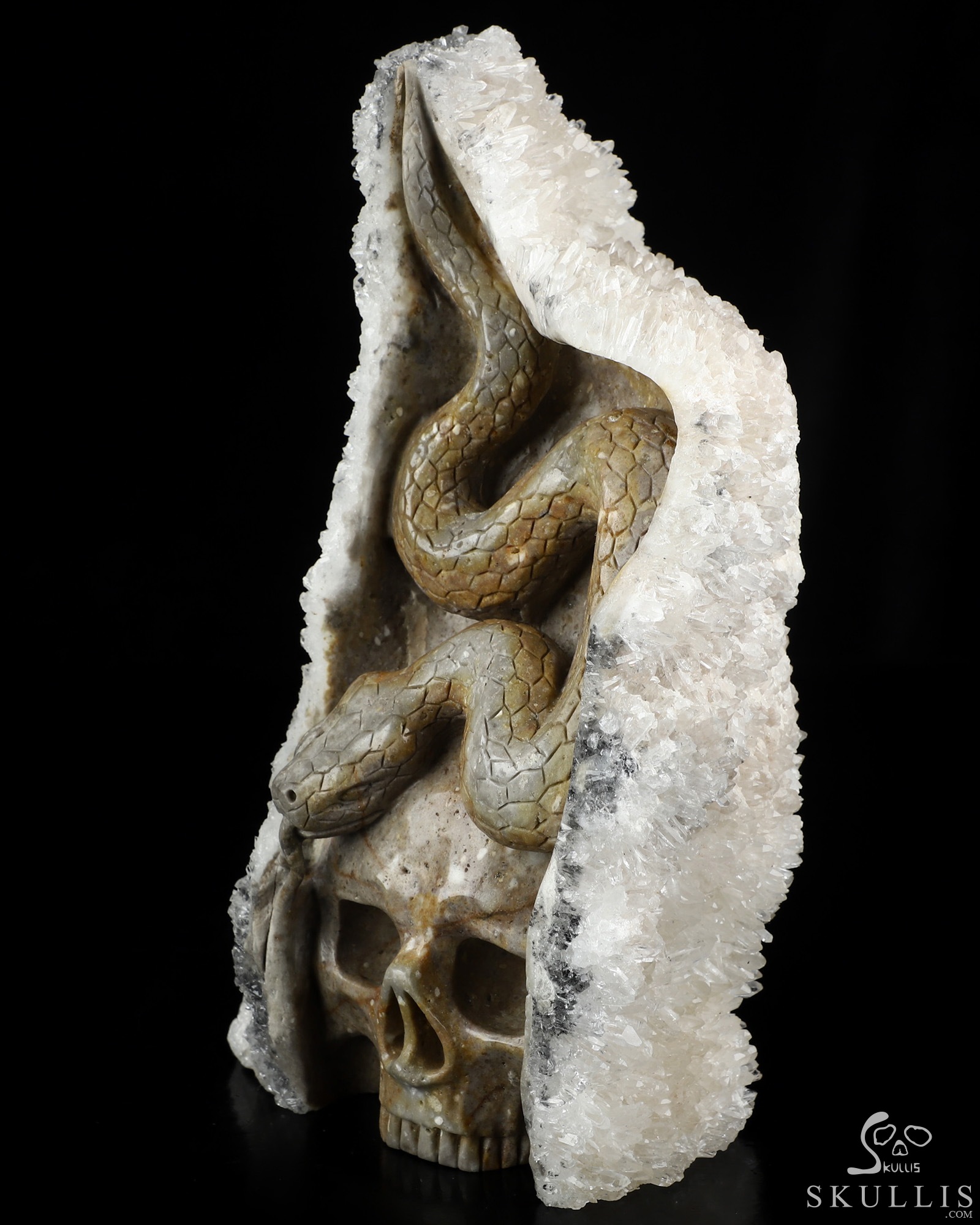 8.9" Quartz rock druse Hand Carved Crystal Skull with Snake Fine Art Sculpture, Crystal Healing 8.9" Quartz rock druse Hand Carved Crystal Skull with Snake Fine Art Sculpture, Crystal Healing