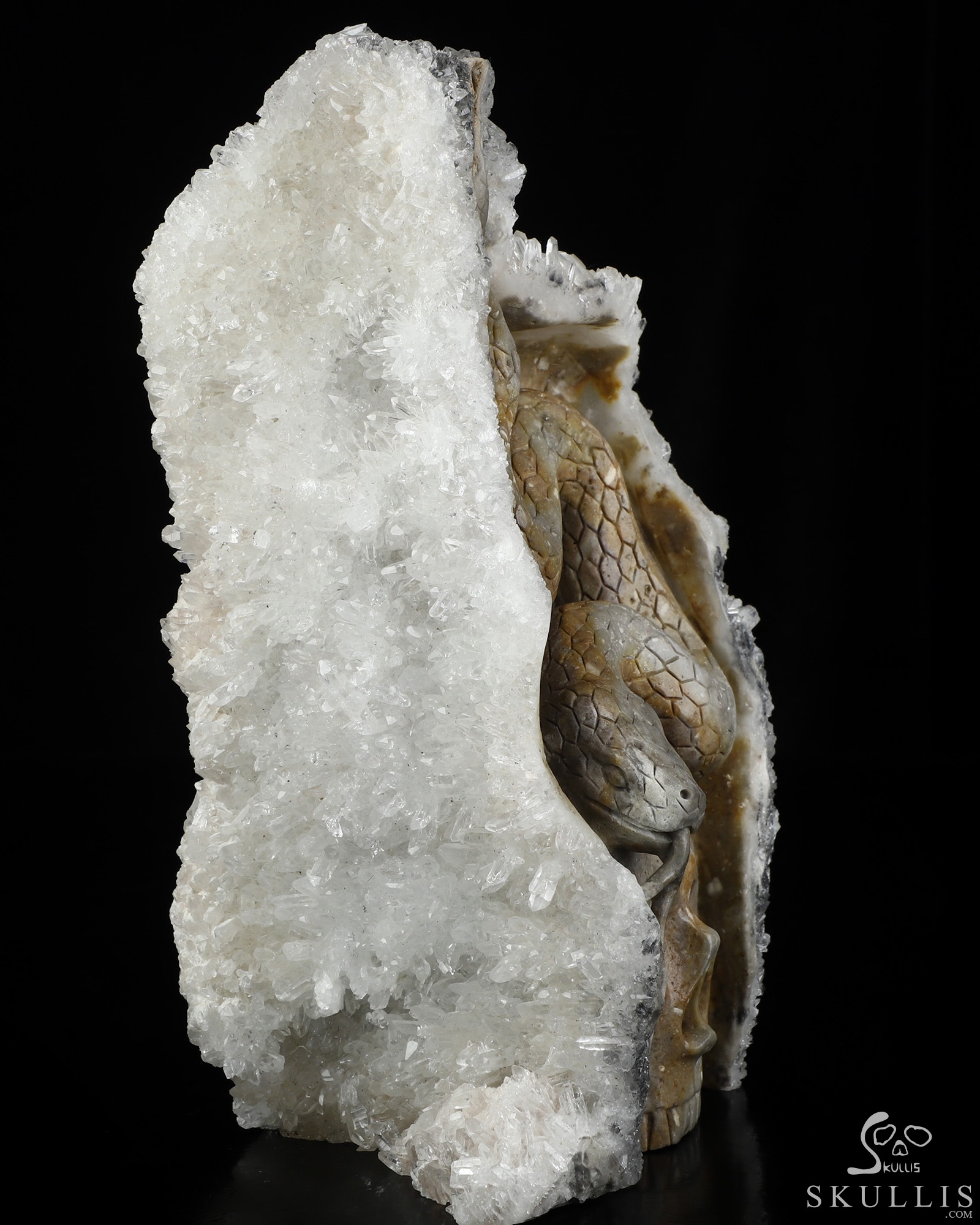 8.9" Quartz rock druse Hand Carved Crystal Skull with Snake Fine Art Sculpture, Crystal Healing 8.9" Quartz rock druse Hand Carved Crystal Skull with Snake Fine Art Sculpture, Crystal Healing