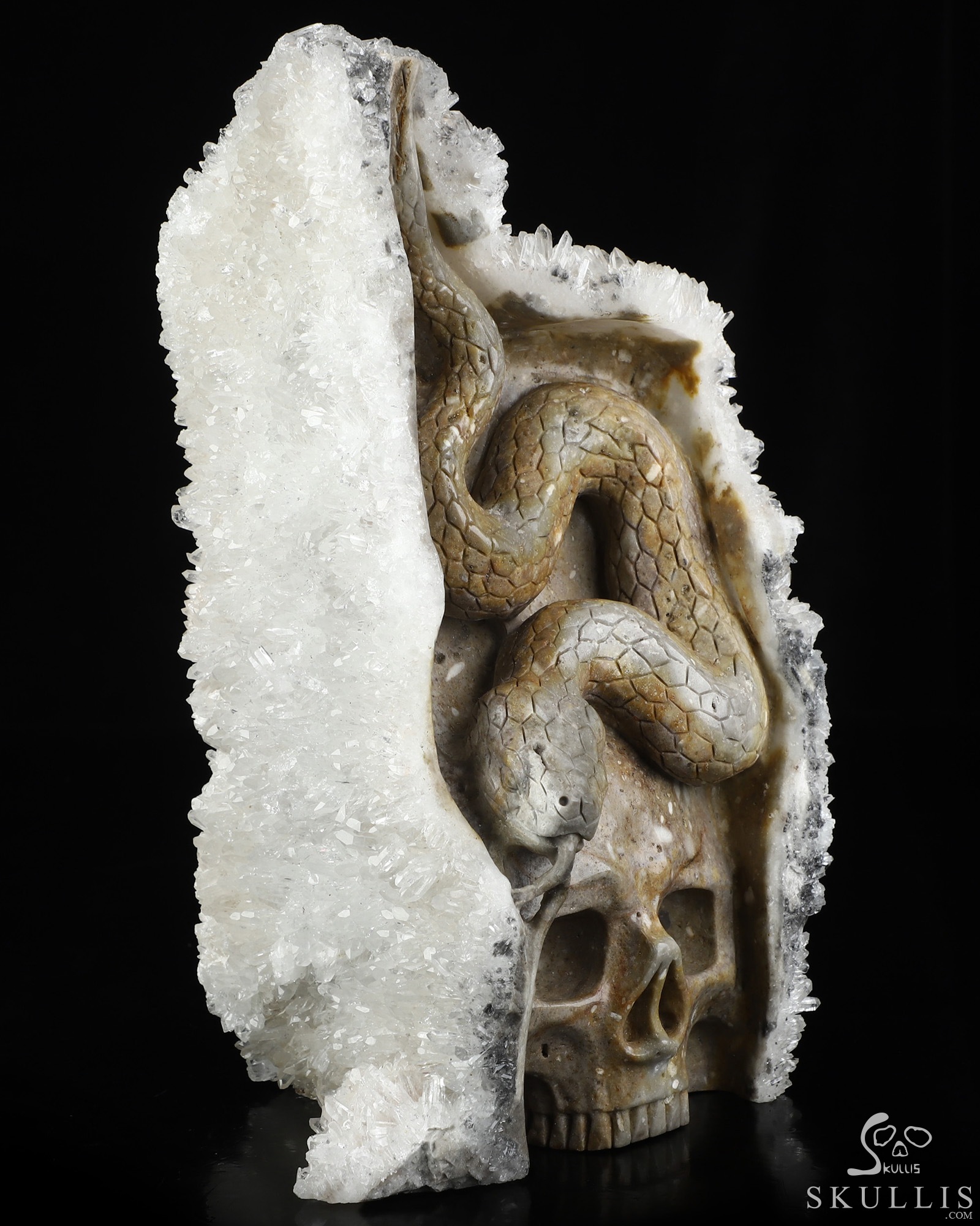 8.9" Quartz rock druse Hand Carved Crystal Skull with Snake Fine Art Sculpture, Crystal Healing 8.9" Quartz rock druse Hand Carved Crystal Skull with Snake Fine Art Sculpture, Crystal Healing