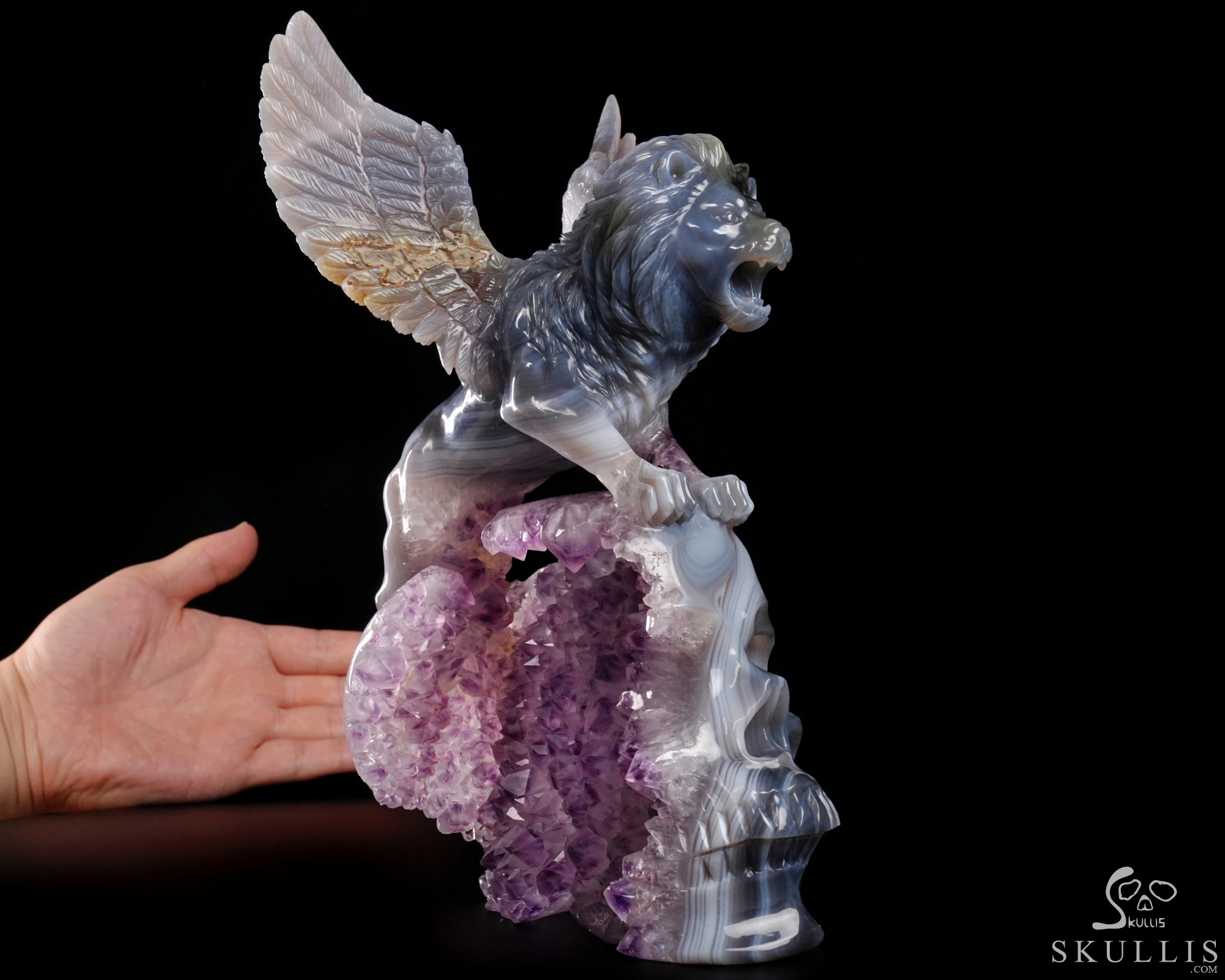 June 21, 2026 ACSAD (A Crystal Skull a Day) - The Lion Beyond Time - 9.8" Carved Agate Amethyst Geode Skull with Winged Lion Sculpture, Crystal Healing June 21, 2026 ACSAD (A Crystal Skull a Day) - The Lion Beyond Time - 9.8" Carved Agate Amethyst Geode Skull with Winged Lion Sculpture, Crystal Healing