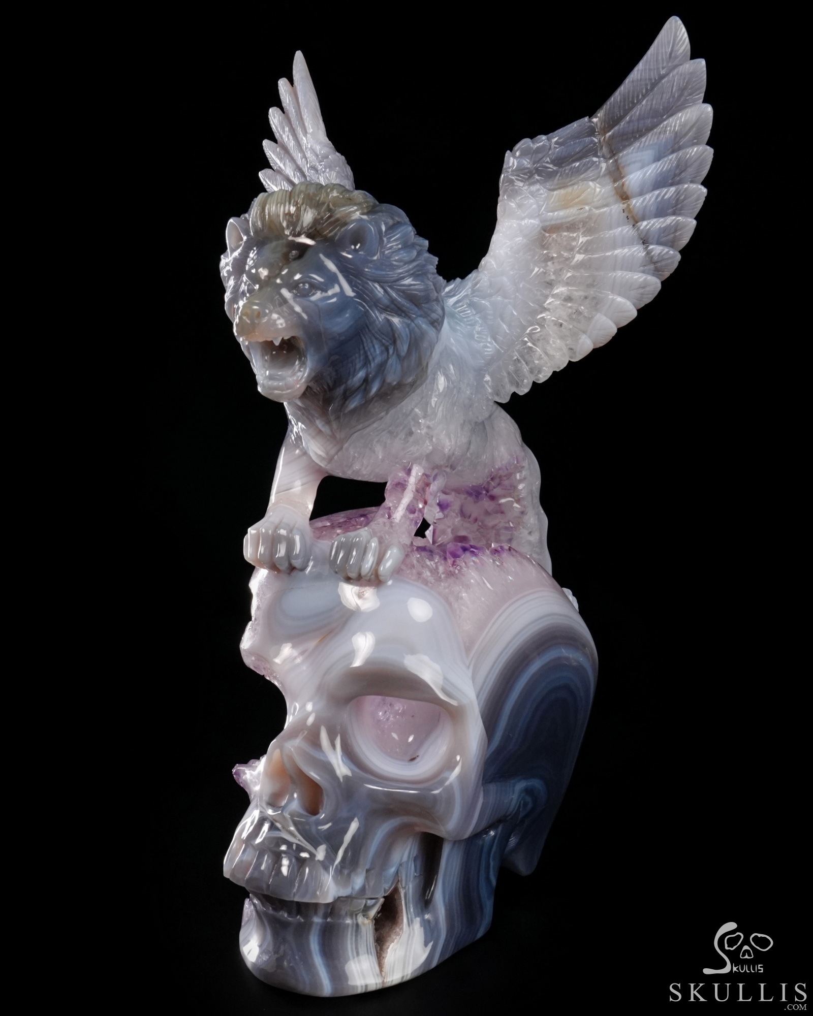 June 21, 2026 ACSAD (A Crystal Skull a Day) - The Lion Beyond Time - 9.8" Carved Agate Amethyst Geode Skull with Winged Lion Sculpture, Crystal Healing June 21, 2026 ACSAD (A Crystal Skull a Day) - The Lion Beyond Time - 9.8" Carved Agate Amethyst Geode Skull with Winged Lion Sculpture, Crystal Healing