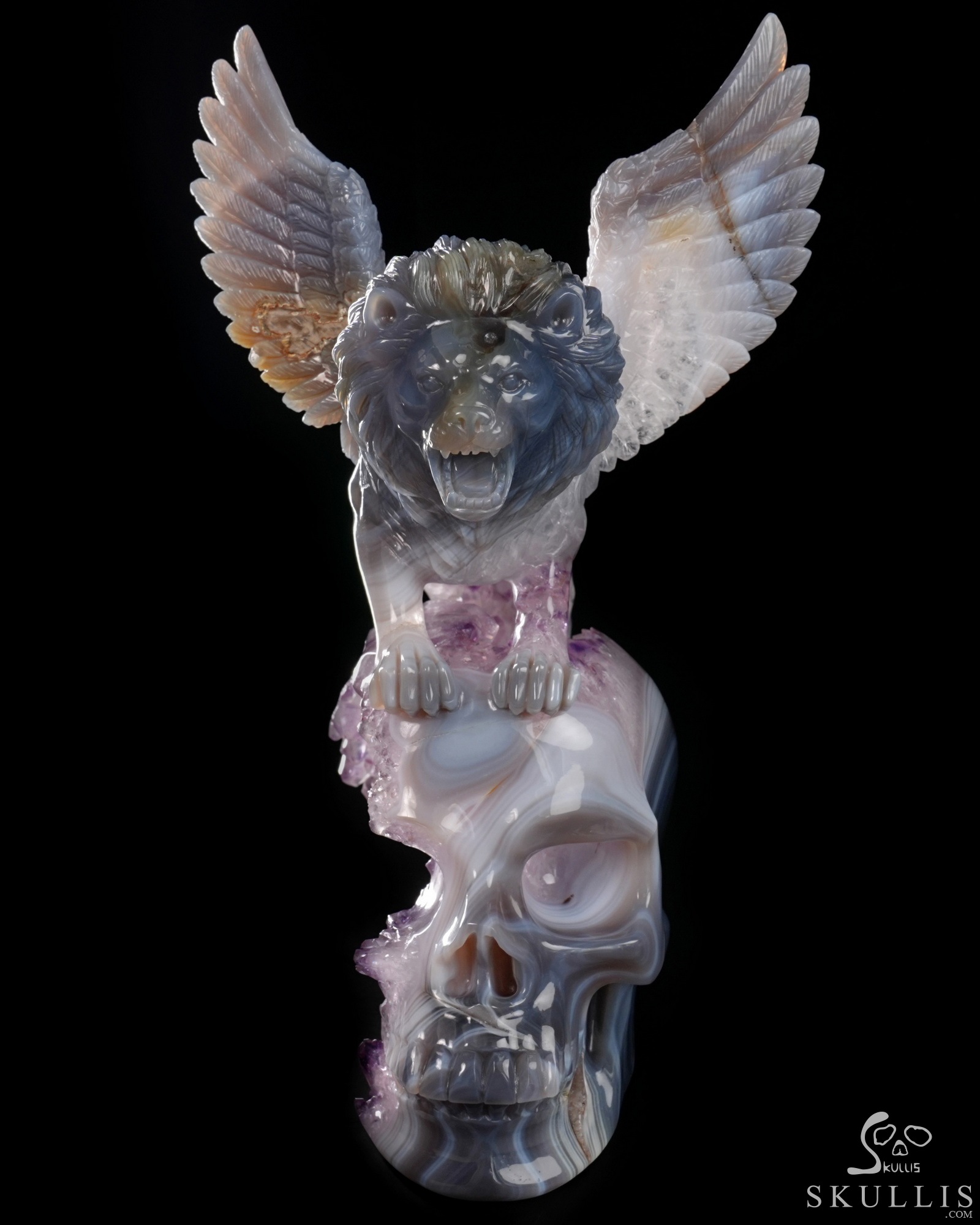 June 21, 2026 ACSAD (A Crystal Skull a Day) - The Lion Beyond Time - 9.8" Carved Agate Amethyst Geode Skull with Winged Lion Sculpture, Crystal Healing June 21, 2026 ACSAD (A Crystal Skull a Day) - The Lion Beyond Time - 9.8" Carved Agate Amethyst Geode Skull with Winged Lion Sculpture, Crystal Healing