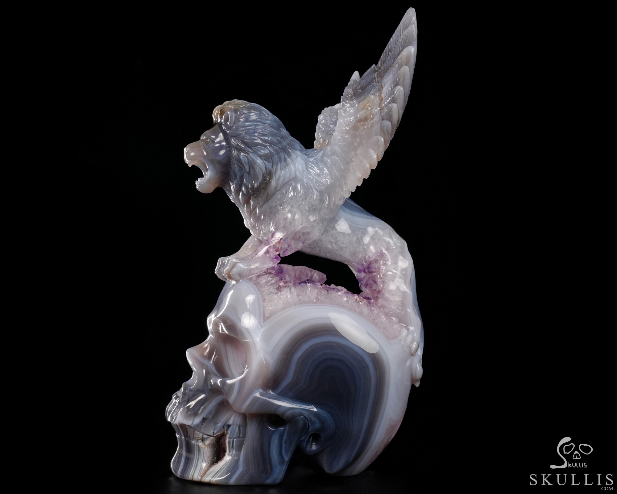 June 21, 2026 ACSAD (A Crystal Skull a Day) - The Lion Beyond Time - 9.8" Carved Agate Amethyst Geode Skull with Winged Lion Sculpture, Crystal Healing June 21, 2026 ACSAD (A Crystal Skull a Day) - The Lion Beyond Time - 9.8" Carved Agate Amethyst Geode Skull with Winged Lion Sculpture, Crystal Healing