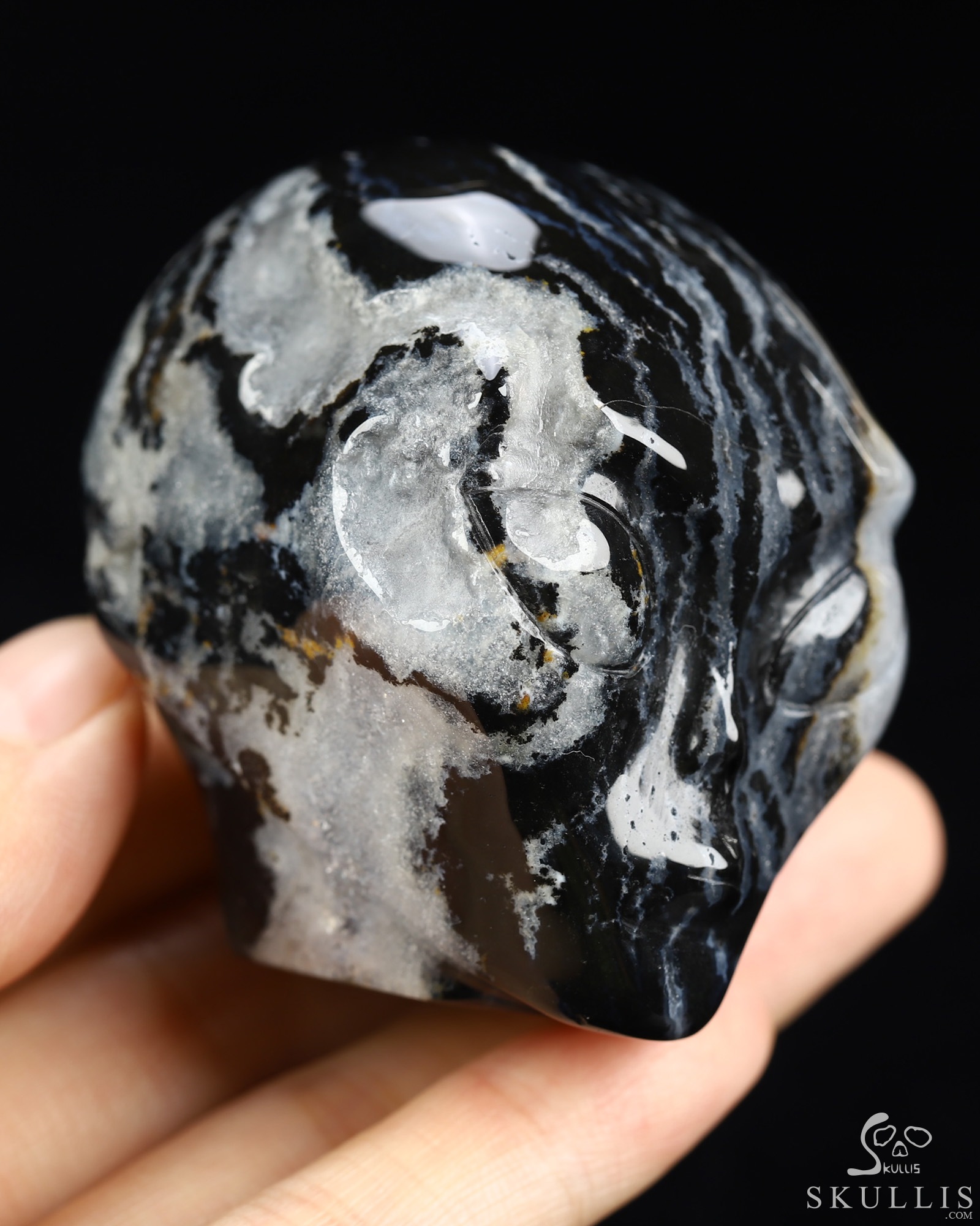 1.9" Black Zebra Agate Star Being Female Alien Crystal Skull Companion, Hand Carved Gemstone Fine Art Sculpture, Reiki Healing Stone Statue 1.9" Black Zebra Agate Star Being Female Alien Crystal Skull Companion, Hand Carved Gemstone Fine Art Sculpture, Reiki Healing Stone Statue
