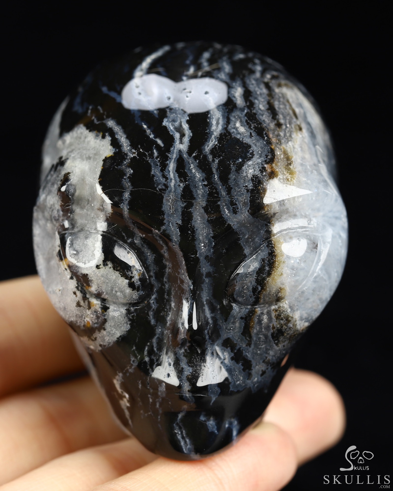 1.9" Black Zebra Agate Star Being Female Alien Crystal Skull Companion, Hand Carved Gemstone Fine Art Sculpture, Reiki Healing Stone Statue 1.9" Black Zebra Agate Star Being Female Alien Crystal Skull Companion, Hand Carved Gemstone Fine Art Sculpture, Reiki Healing Stone Statue