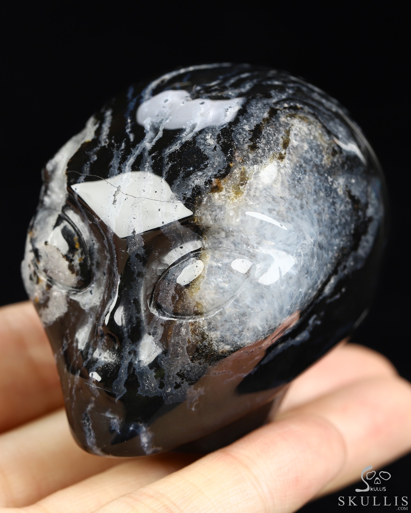 1.9" Black Zebra Agate Star Being Female Alien Crystal Skull Companion, Hand Carved Gemstone Fine Art Sculpture, Reiki Healing Stone Statue 1.9" Black Zebra Agate Star Being Female Alien Crystal Skull Companion, Hand Carved Gemstone Fine Art Sculpture, Reiki Healing Stone Statue