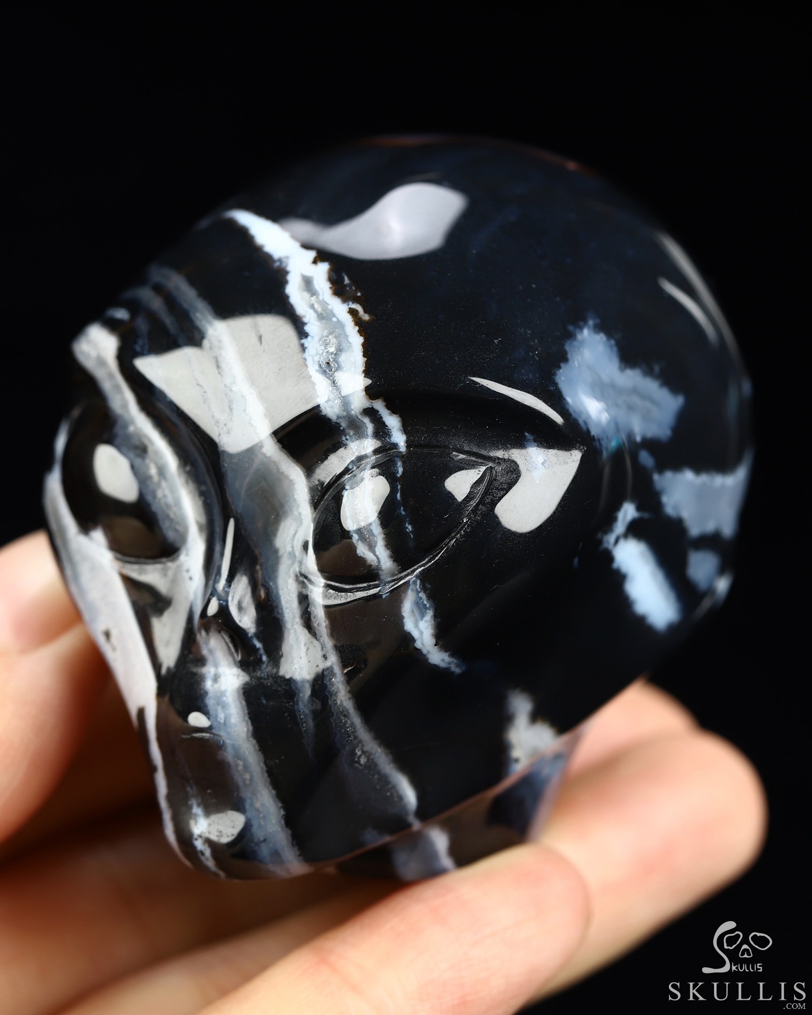 1.9" Black Zebra Agate Star Being Female Alien Crystal Skull Companion, Hand Carved Gemstone Fine Art Sculpture, Reiki Healing Stone Statue 1.9" Black Zebra Agate Star Being Female Alien Crystal Skull Companion, Hand Carved Gemstone Fine Art Sculpture, Reiki Healing Stone Statue