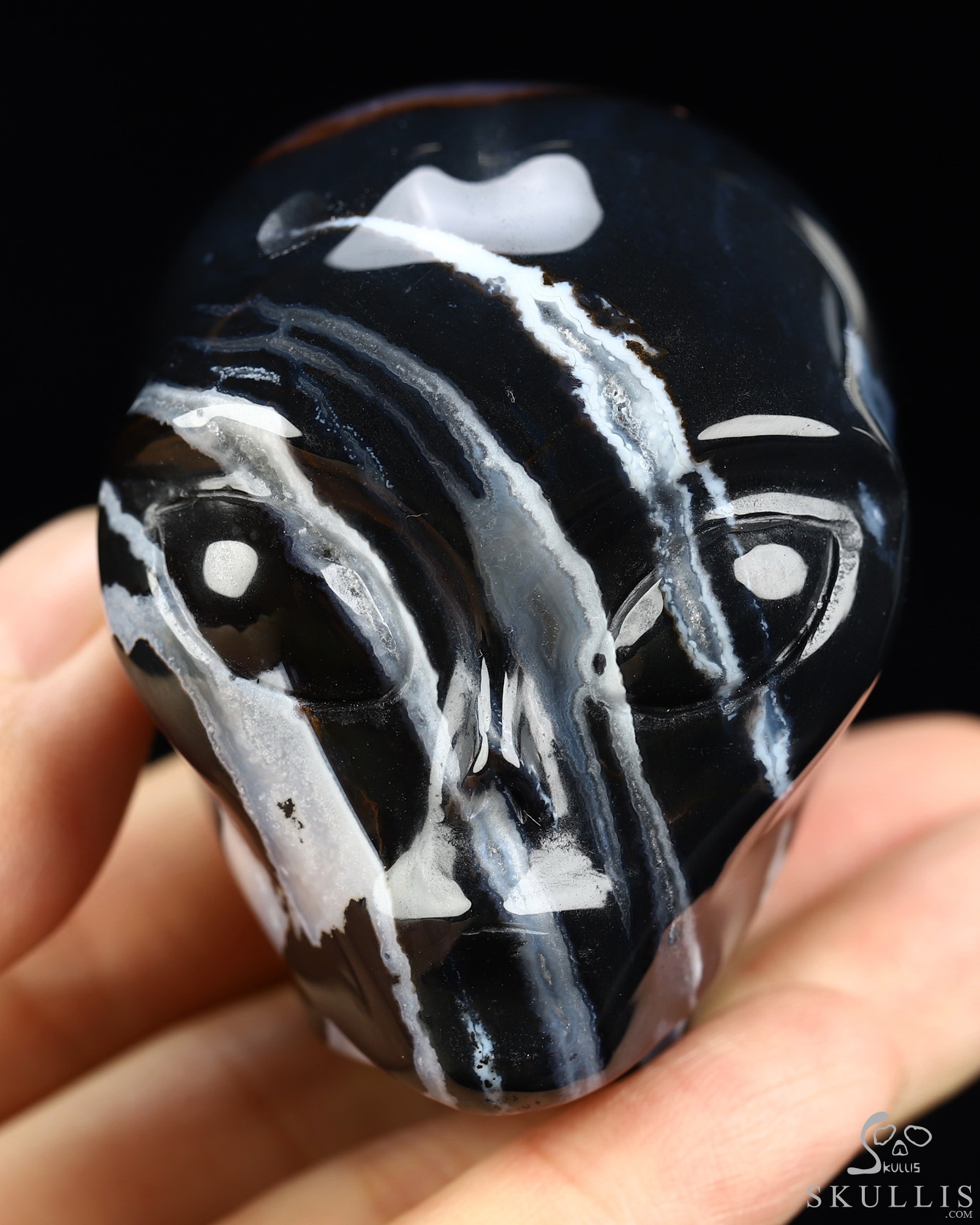 1.9" Black Zebra Agate Star Being Female Alien Crystal Skull Companion, Hand Carved Gemstone Fine Art Sculpture, Reiki Healing Stone Statue 1.9" Black Zebra Agate Star Being Female Alien Crystal Skull Companion, Hand Carved Gemstone Fine Art Sculpture, Reiki Healing Stone Statue