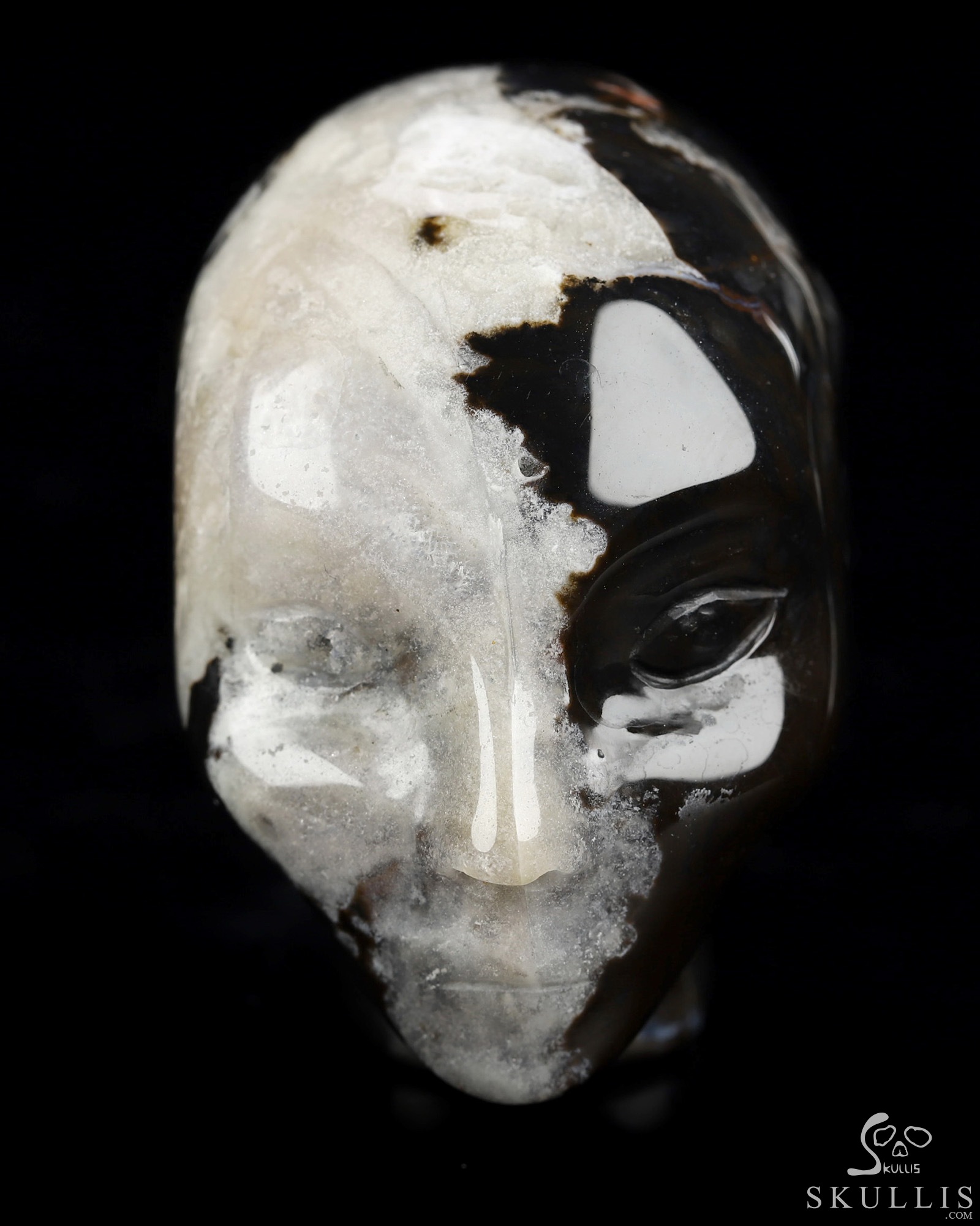 1.8" Black Zebra Agate Hand Carved Fairy Elf Alien Crystal Skull Companion Sculpture, Crystal Healing 1.8" Black Zebra Agate Hand Carved Fairy Elf Alien Crystal Skull Companion Sculpture, Crystal Healing