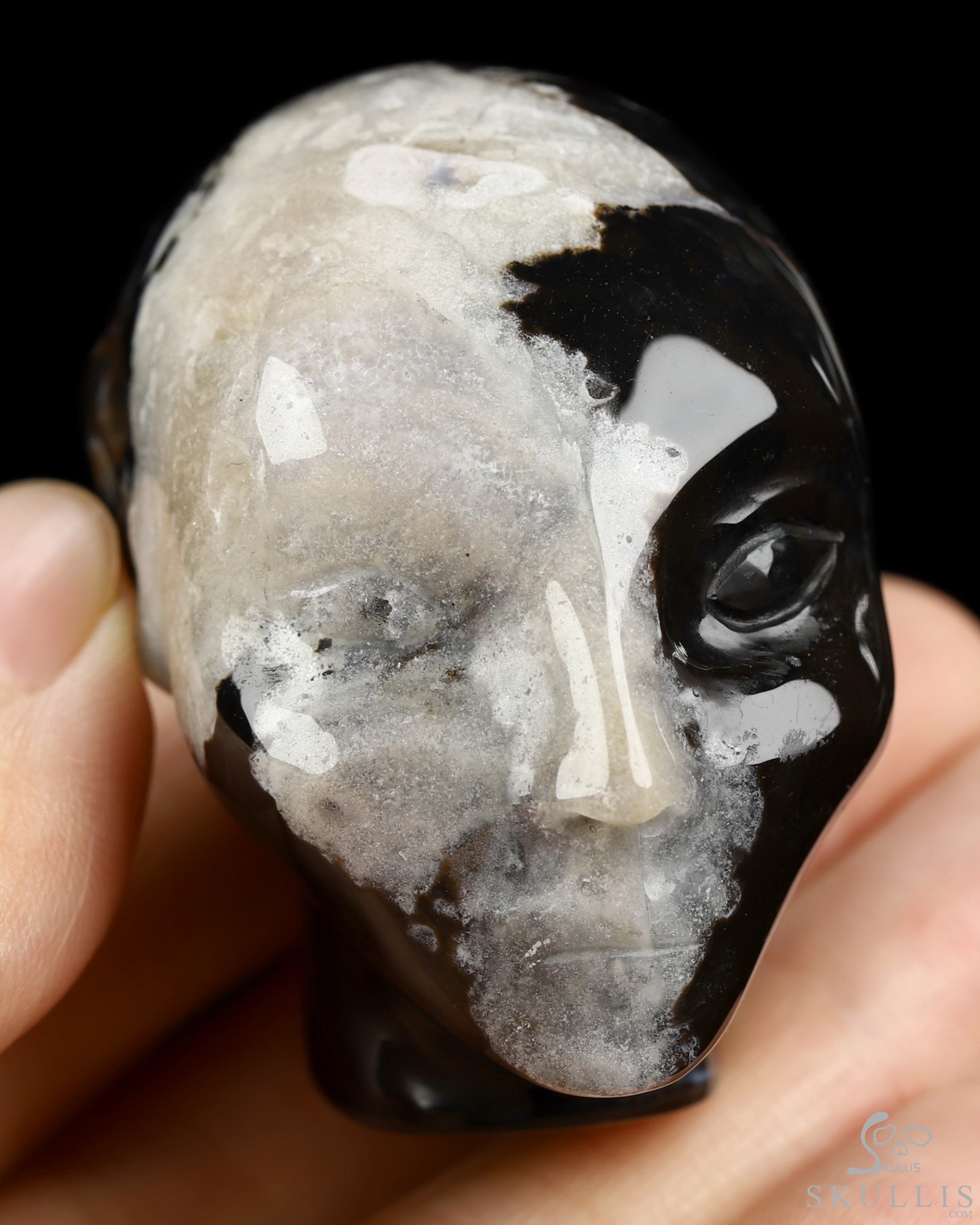 1.8" Black Zebra Agate Hand Carved Fairy Elf Alien Crystal Skull Companion Sculpture, Crystal Healing 1.8" Black Zebra Agate Hand Carved Fairy Elf Alien Crystal Skull Companion Sculpture, Crystal Healing