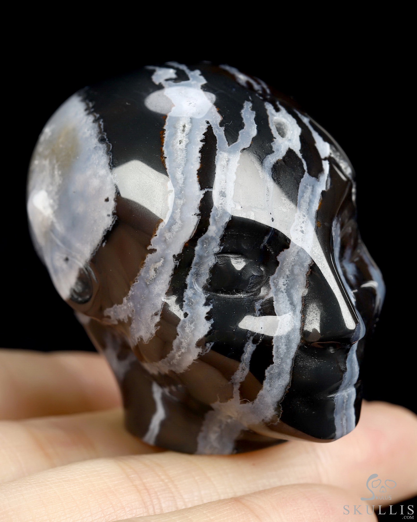 1.8" Black Zebra Agate Hand Carved Fairy Elf Alien Crystal Skull Companion Sculpture, Crystal Healing 1.8" Black Zebra Agate Hand Carved Fairy Elf Alien Crystal Skull Companion Sculpture, Crystal Healing