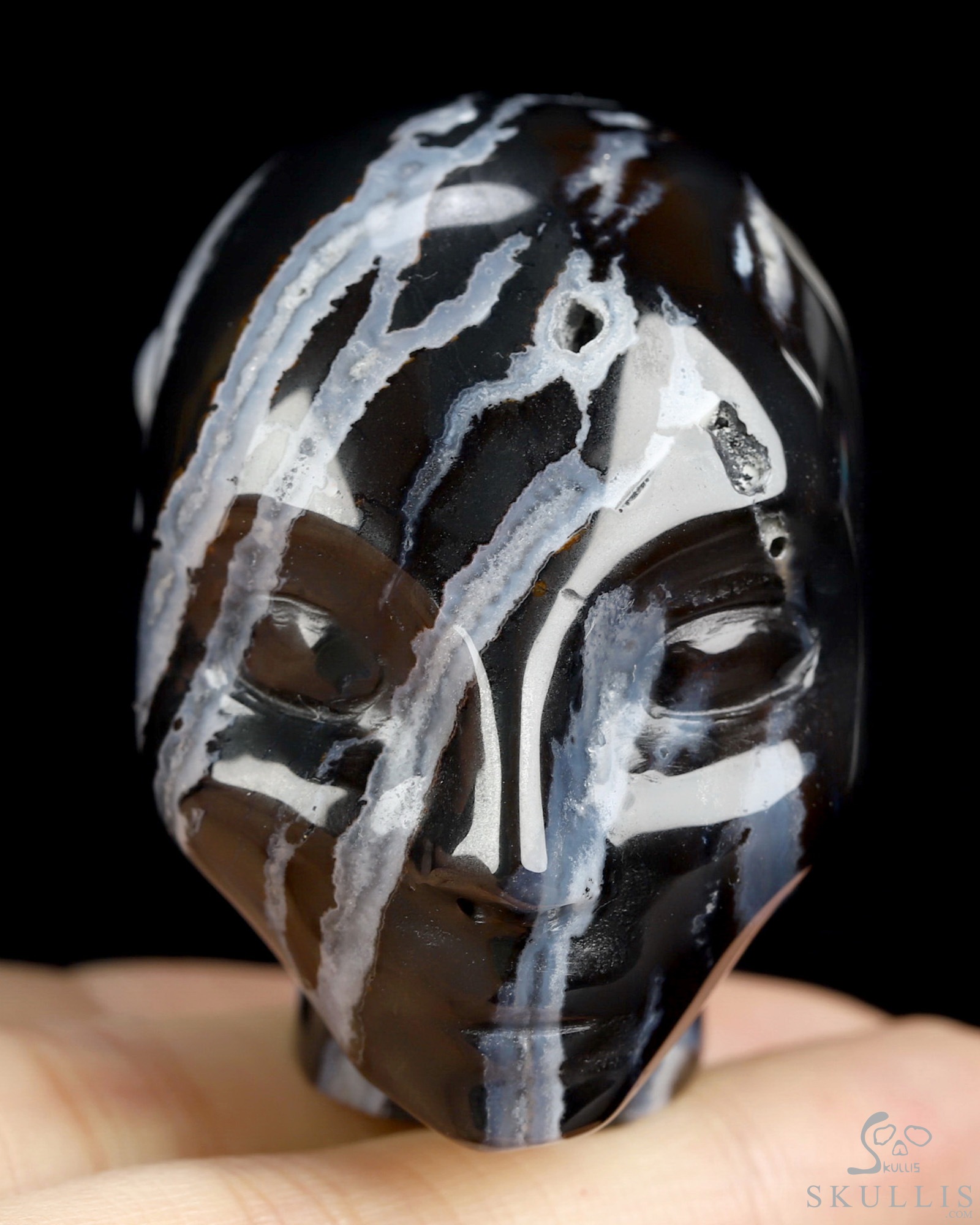 1.8" Black Zebra Agate Hand Carved Fairy Elf Alien Crystal Skull Companion Sculpture, Crystal Healing 1.8" Black Zebra Agate Hand Carved Fairy Elf Alien Crystal Skull Companion Sculpture, Crystal Healing