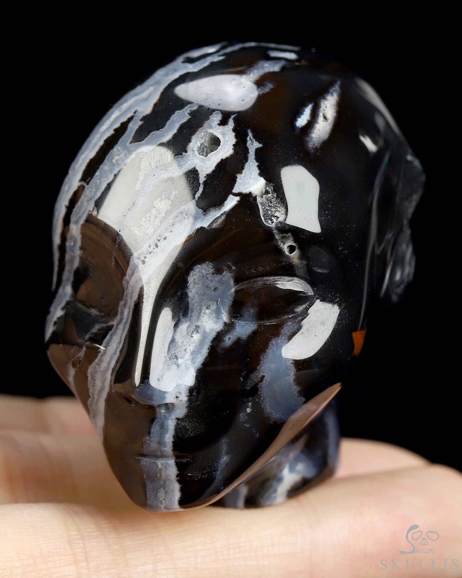 1.8" Black Zebra Agate Hand Carved Fairy Elf Alien Crystal Skull Companion Sculpture, Crystal Healing 1.8" Black Zebra Agate Hand Carved Fairy Elf Alien Crystal Skull Companion Sculpture, Crystal Healing