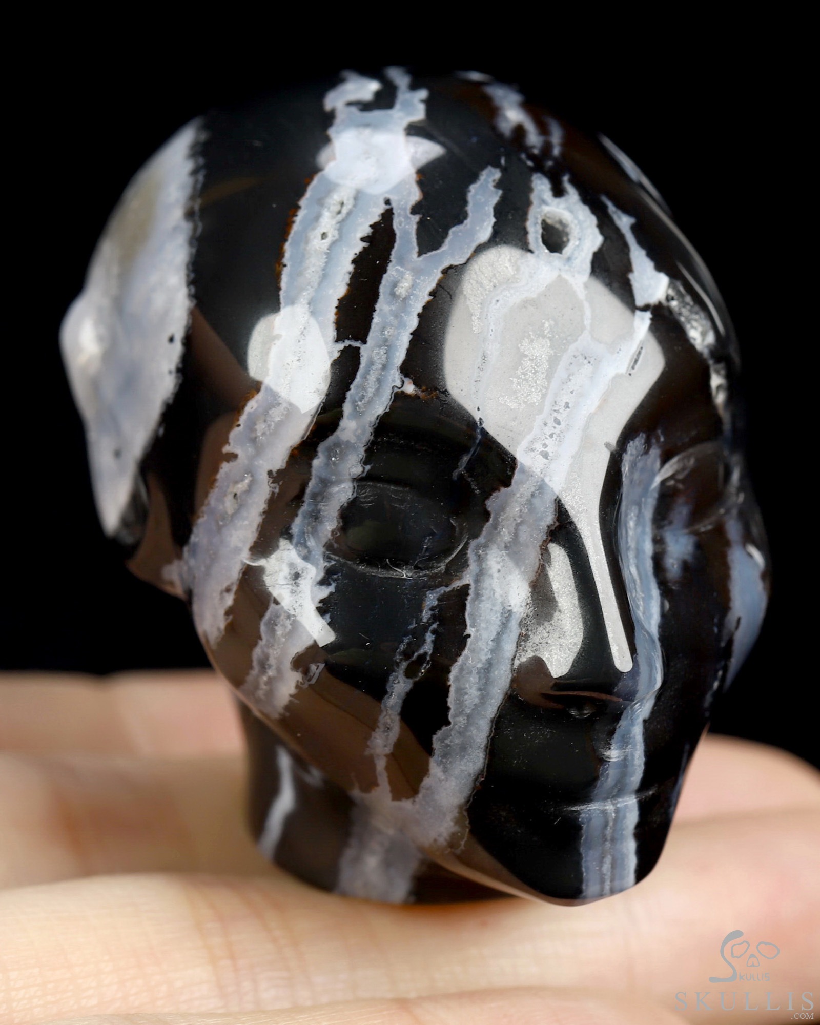 1.8" Black Zebra Agate Hand Carved Fairy Elf Alien Crystal Skull Companion Sculpture, Crystal Healing 1.8" Black Zebra Agate Hand Carved Fairy Elf Alien Crystal Skull Companion Sculpture, Crystal Healing