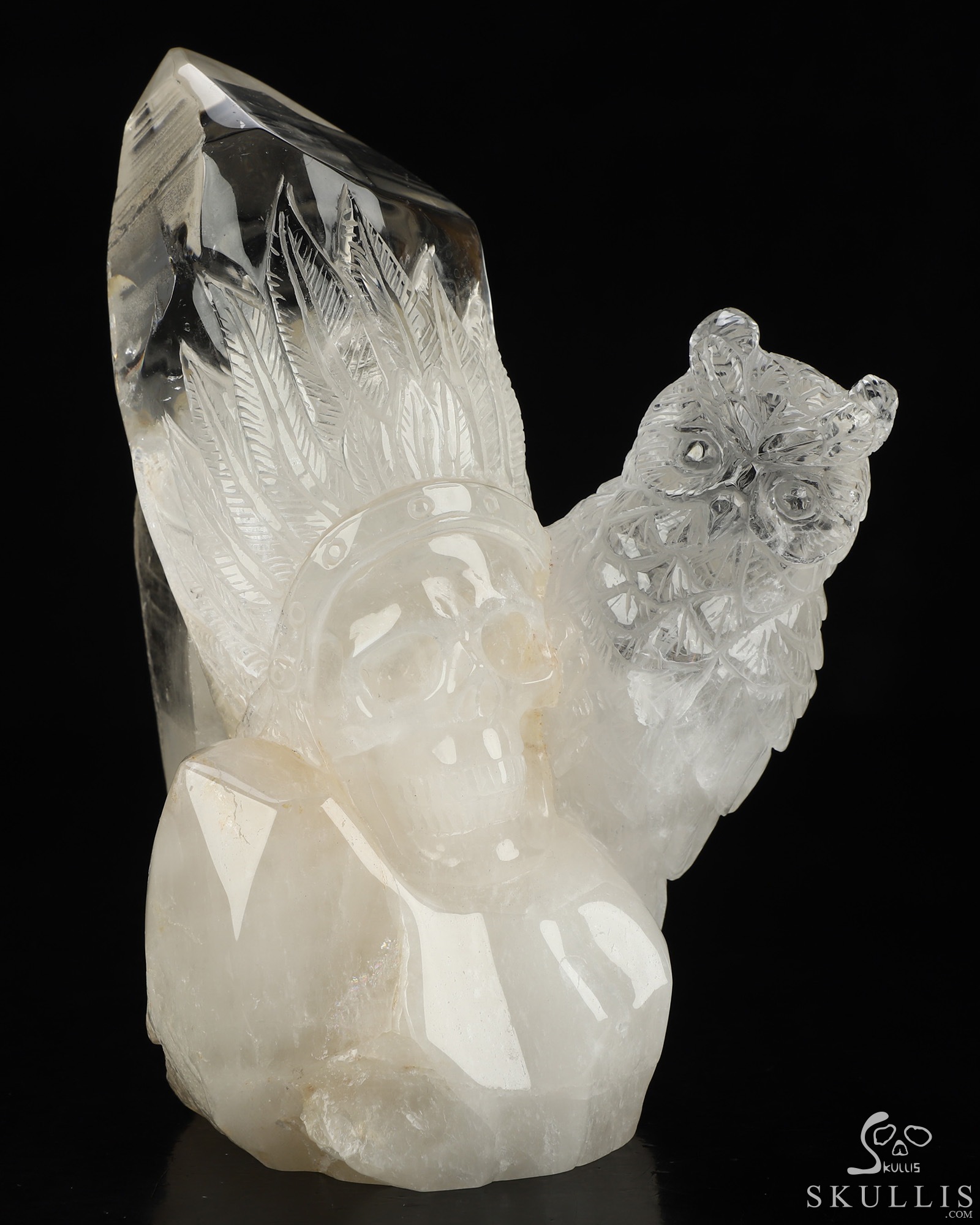 6.4" Quartz Rock Crystal Hand Carved Indian Crystal Skull and Owl Sculpture, Crystal Healing 6.4" Quartz Rock Crystal Hand Carved Indian Crystal Skull and Owl Sculpture, Crystal Healing