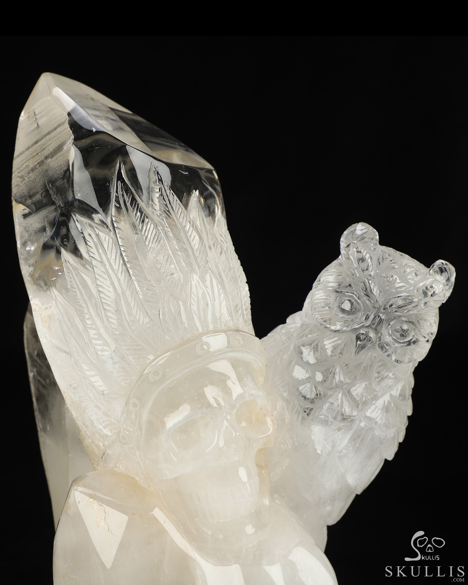 6.4" Quartz Rock Crystal Hand Carved Indian Crystal Skull and Owl Sculpture, Crystal Healing 6.4" Quartz Rock Crystal Hand Carved Indian Crystal Skull and Owl Sculpture, Crystal Healing