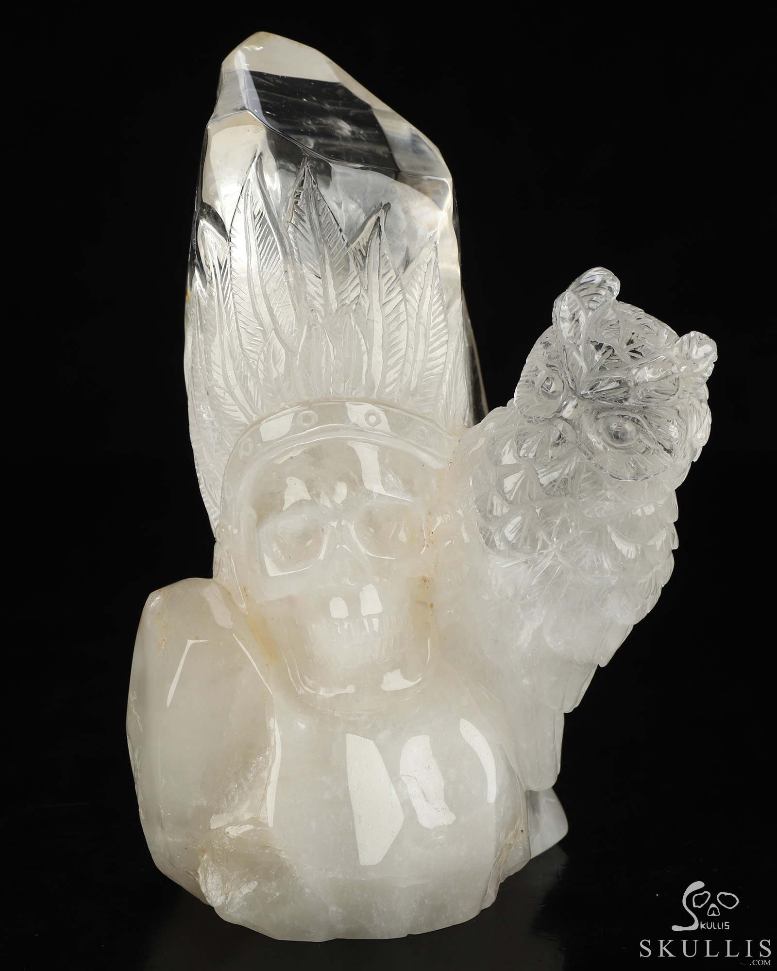 6.4" Quartz Rock Crystal Hand Carved Indian Crystal Skull and Owl Sculpture, Crystal Healing 6.4" Quartz Rock Crystal Hand Carved Indian Crystal Skull and Owl Sculpture, Crystal Healing