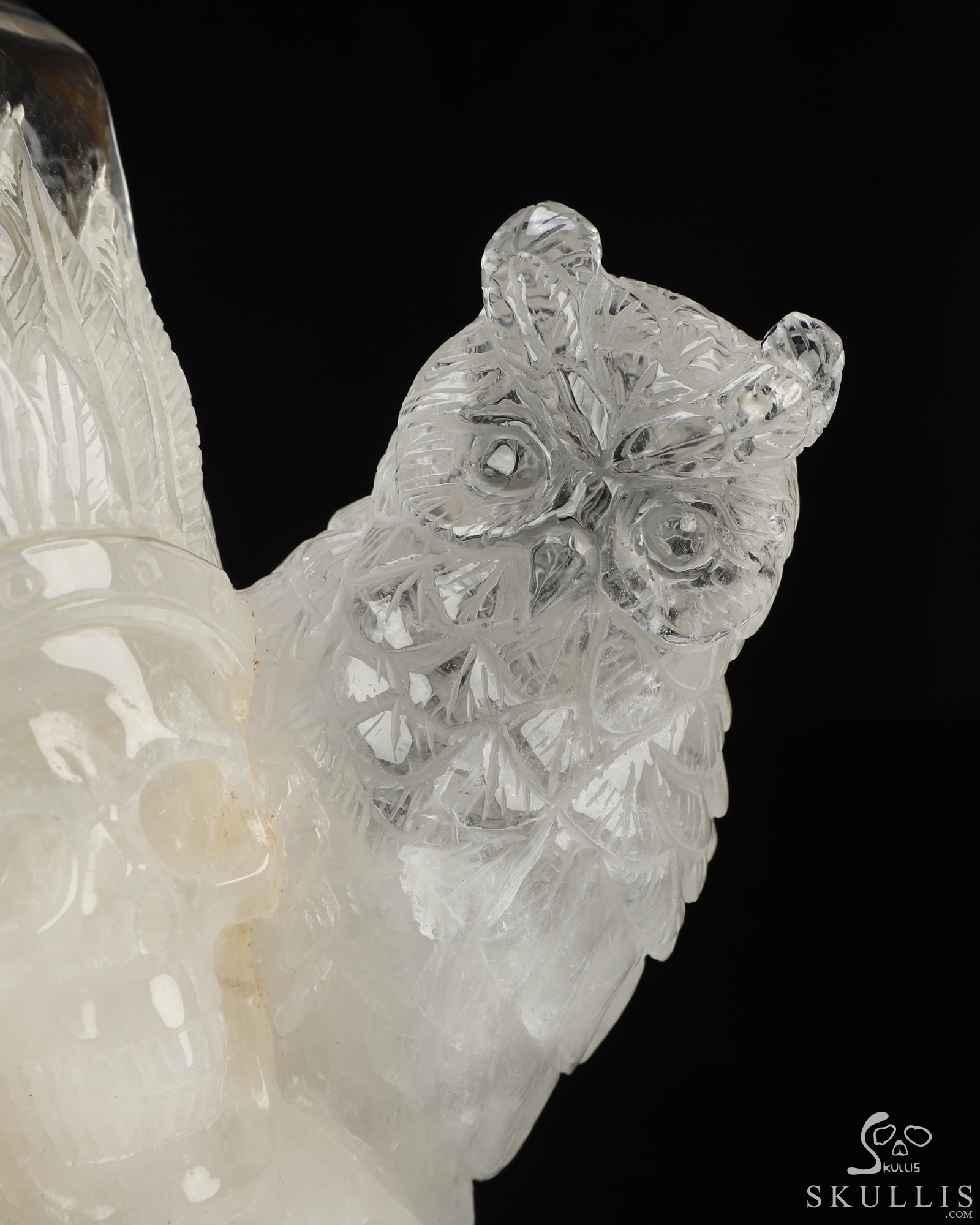 6.4" Quartz Rock Crystal Hand Carved Indian Crystal Skull and Owl Sculpture, Crystal Healing 6.4" Quartz Rock Crystal Hand Carved Indian Crystal Skull and Owl Sculpture, Crystal Healing