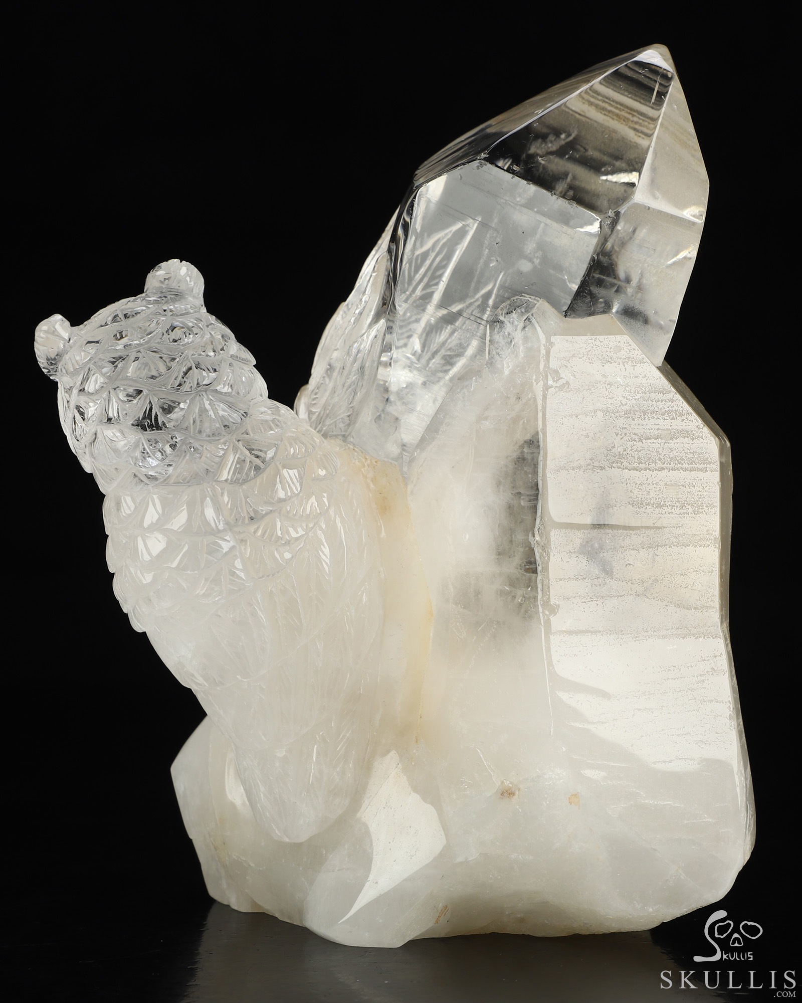 6.4" Quartz Rock Crystal Hand Carved Indian Crystal Skull and Owl Sculpture, Crystal Healing 6.4" Quartz Rock Crystal Hand Carved Indian Crystal Skull and Owl Sculpture, Crystal Healing