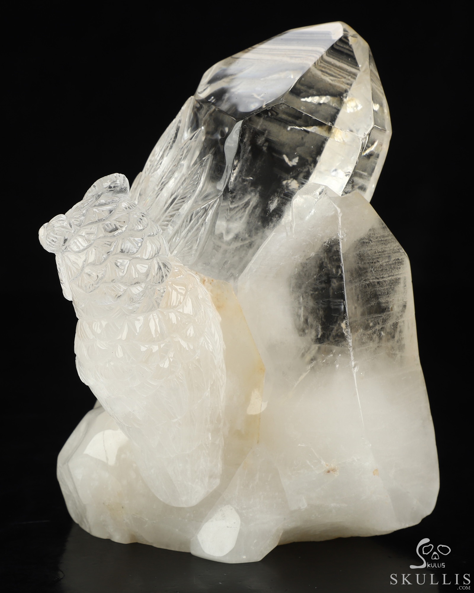 6.4" Quartz Rock Crystal Hand Carved Indian Crystal Skull and Owl Sculpture, Crystal Healing 6.4" Quartz Rock Crystal Hand Carved Indian Crystal Skull and Owl Sculpture, Crystal Healing