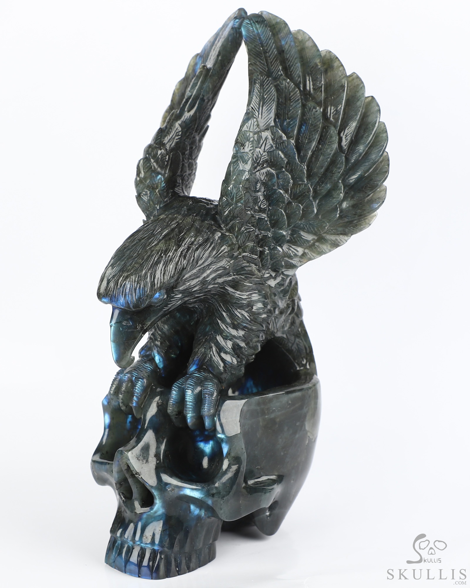 9.5" Flash Labradorite Hand Carved Crystal Skull and Eagle Fine Art Sculpture, Crystal Healing 9.5" Flash Labradorite Hand Carved Crystal Skull and Eagle Fine Art Sculpture, Crystal Healing