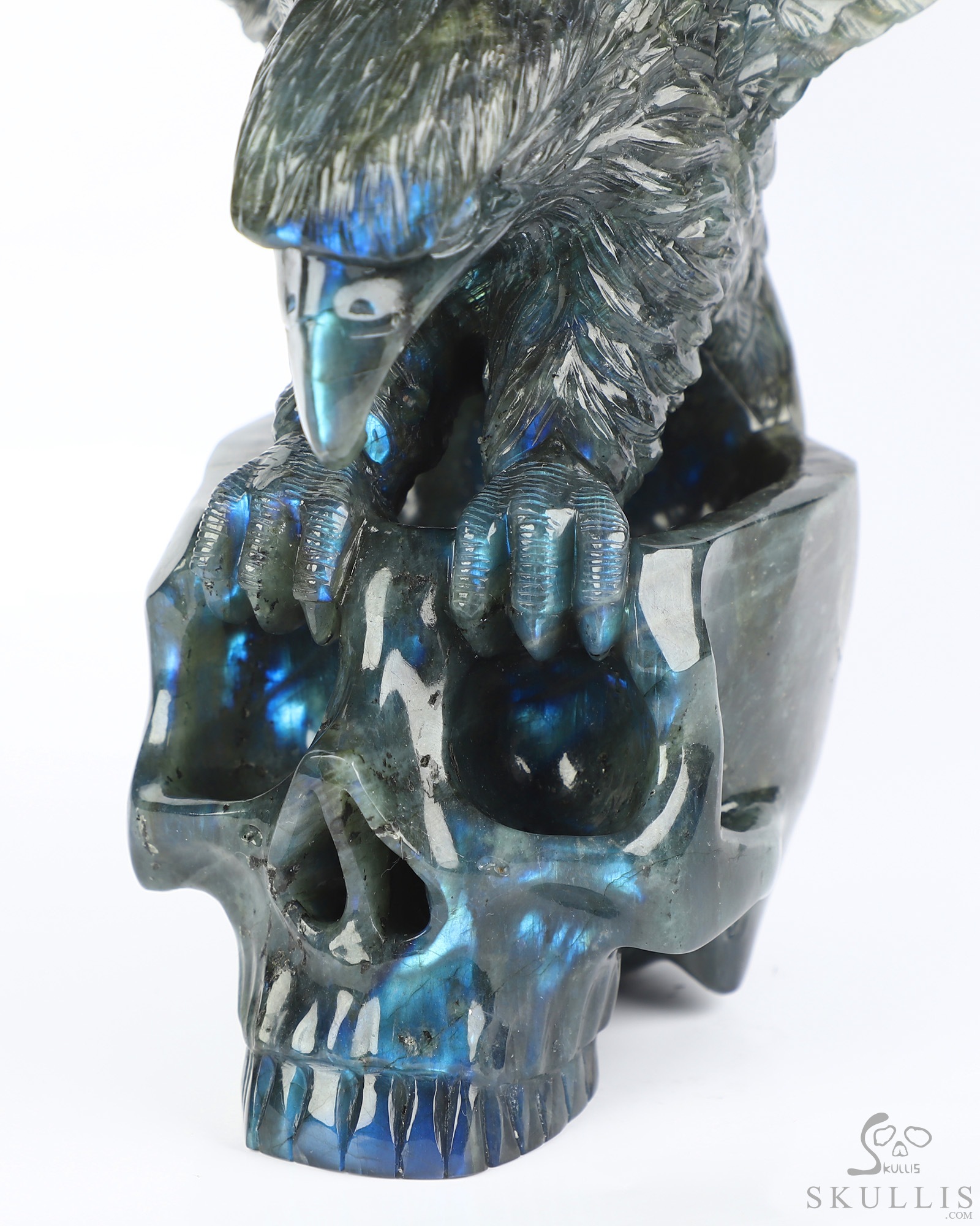 9.5" Flash Labradorite Hand Carved Crystal Skull and Eagle Fine Art Sculpture, Crystal Healing 9.5" Flash Labradorite Hand Carved Crystal Skull and Eagle Fine Art Sculpture, Crystal Healing