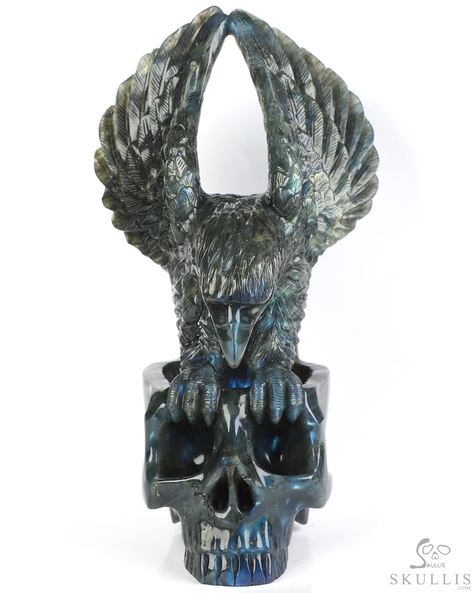 9.5" Flash Labradorite Hand Carved Crystal Skull and Eagle Fine Art Sculpture, Crystal Healing 9.5" Flash Labradorite Hand Carved Crystal Skull and Eagle Fine Art Sculpture, Crystal Healing